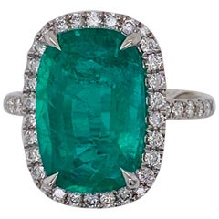 Emilio Jewelry Gia Certified 6.92 Carat Cushion Emerald Halo Platinum Ring