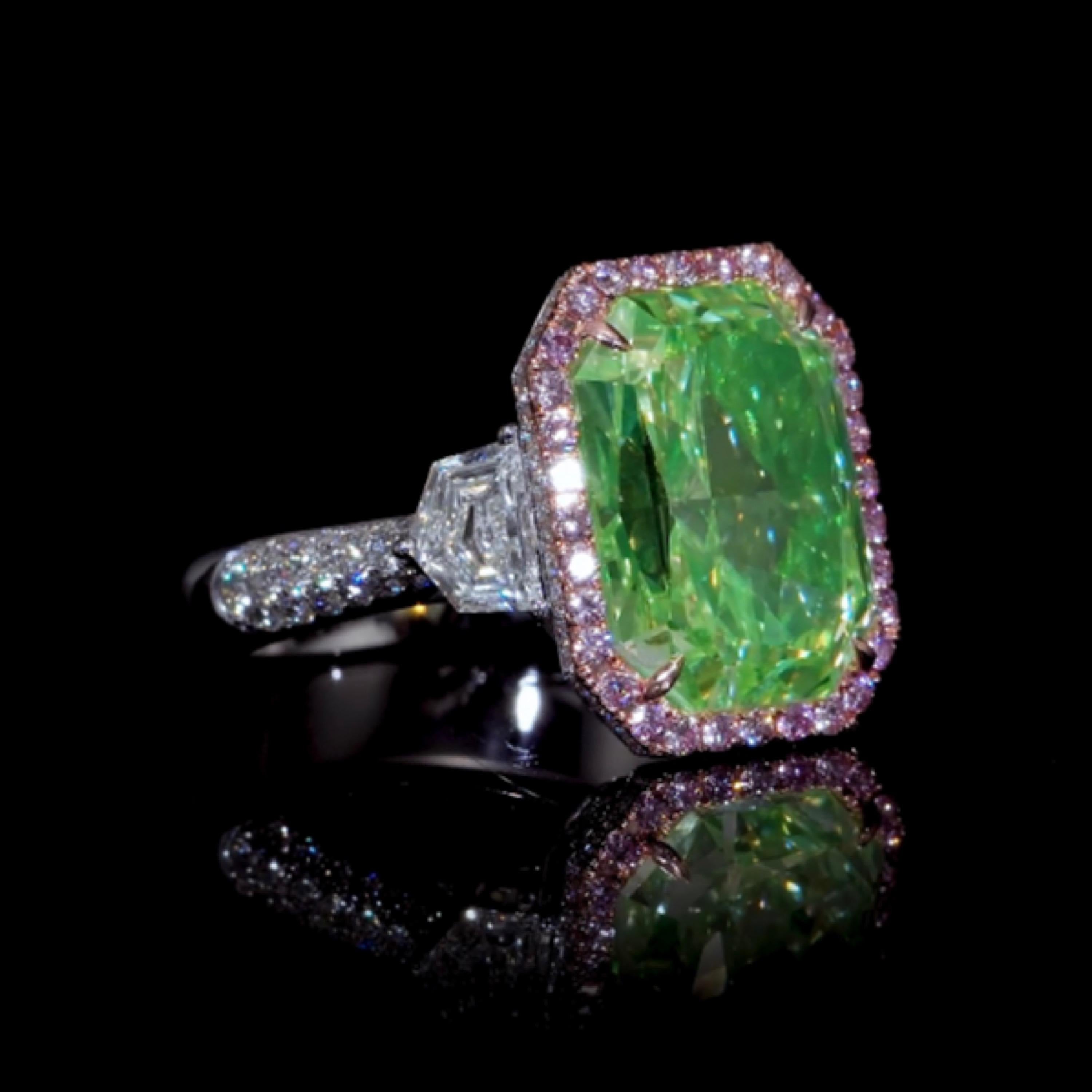 From the Museum Vault at Emilio Jewelry New York,
Featuring a natural Gia certified center diamond weighing over 9 carats, the only one available in the entire world to our knowledge. Spectacular color. 
You will love this ring, a must see! Private