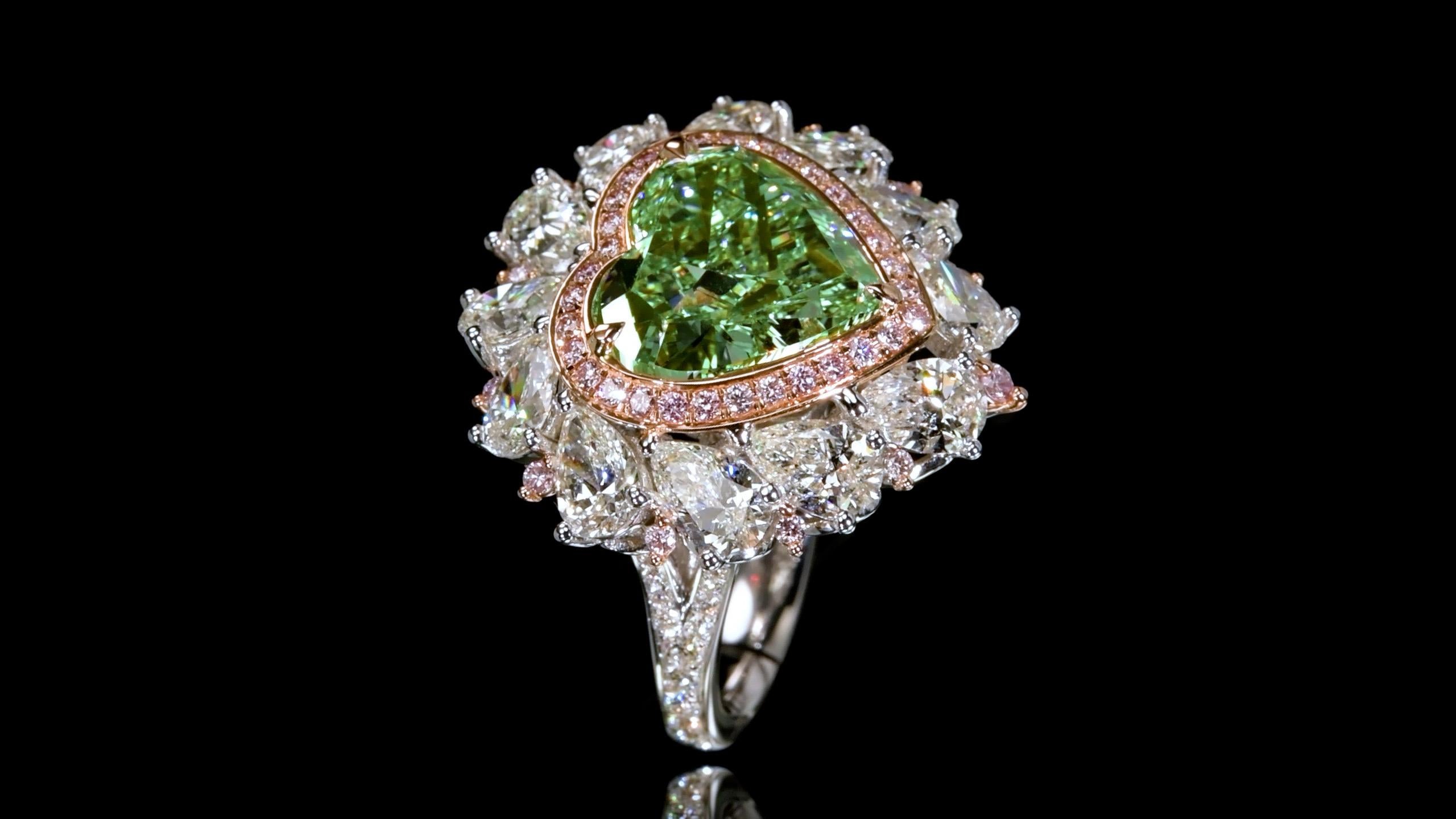 Heart Cut Emilio Jewelry Gia Certified 9.45 Carat Fancy Green Diamond Heart Ring  For Sale