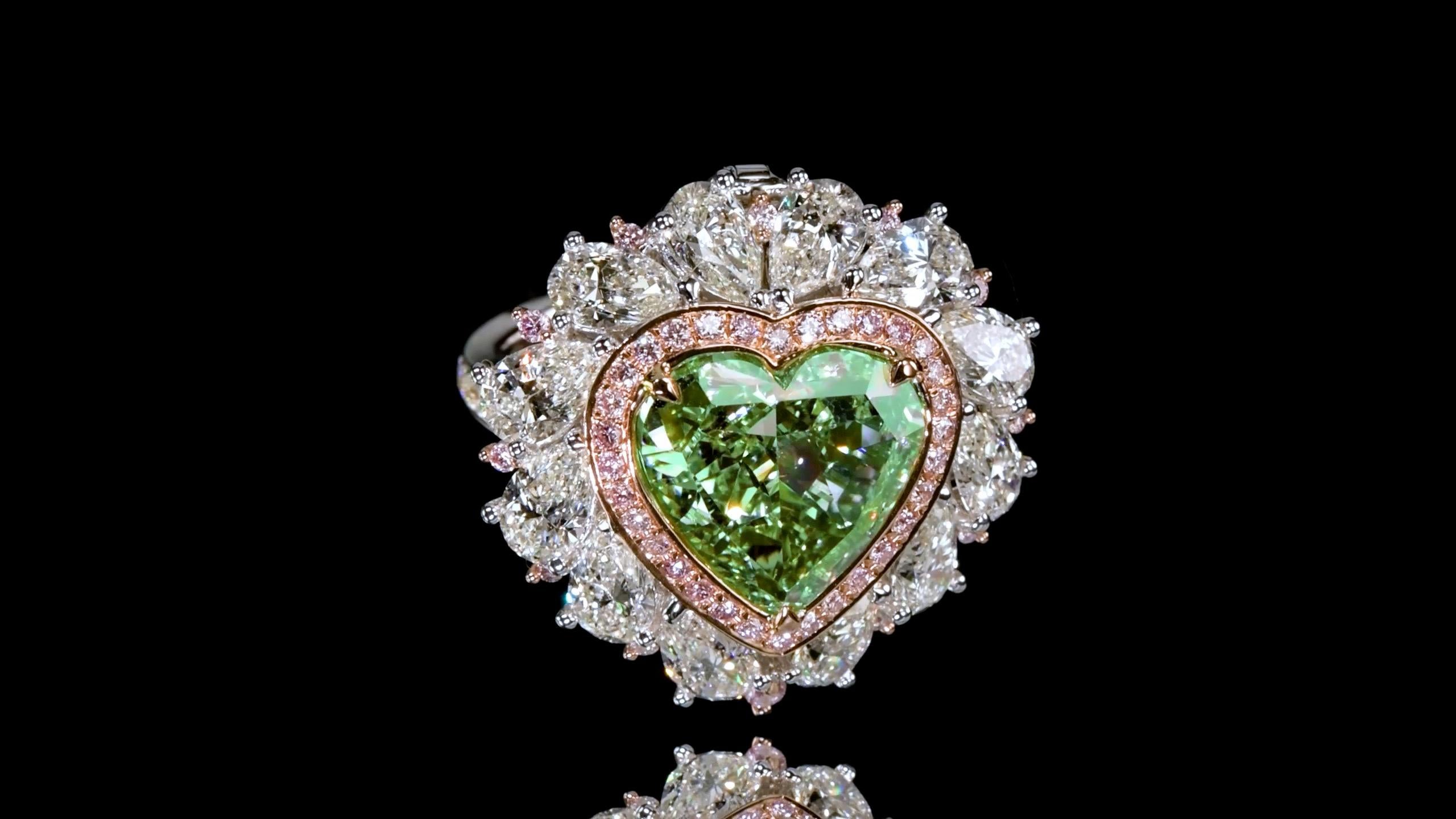 Emilio Jewelry Gia Certified 9.45 Carat Fancy Green Diamond Heart Ring  In New Condition For Sale In New York, NY