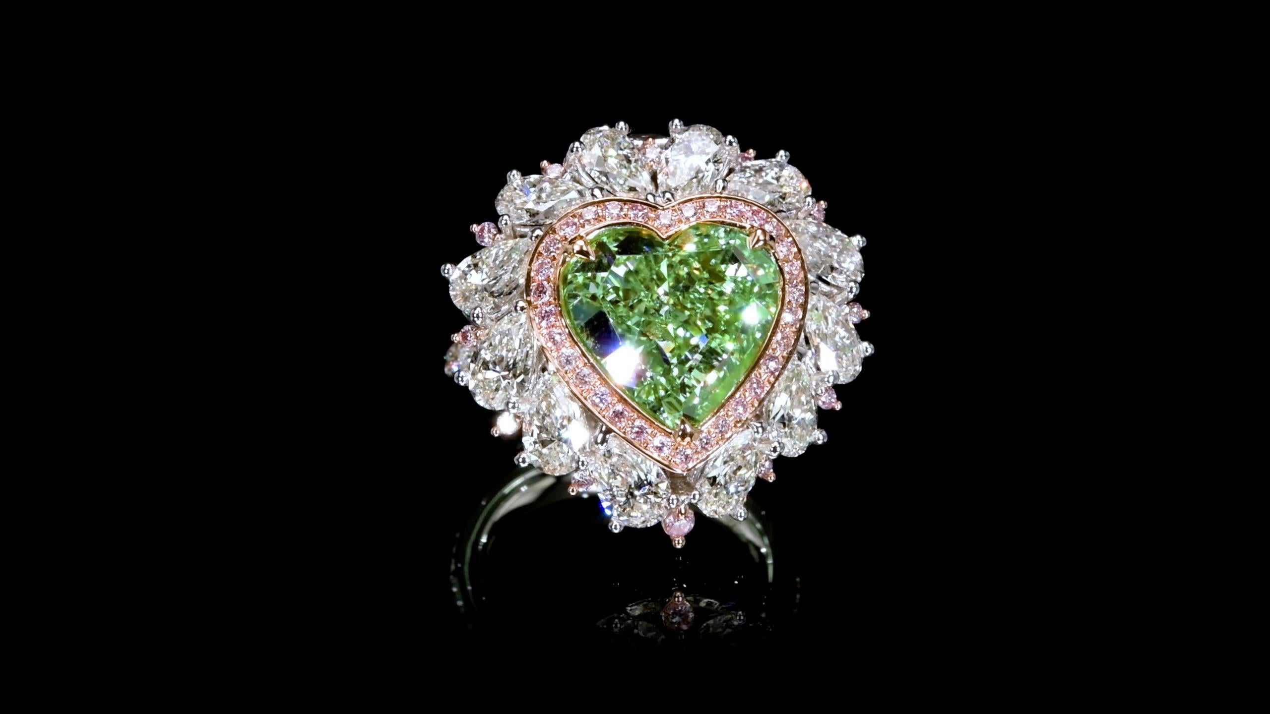Emilio Jewelry Gia Certified 9.45 Carat Fancy Green Diamond Heart Ring  For Sale 2