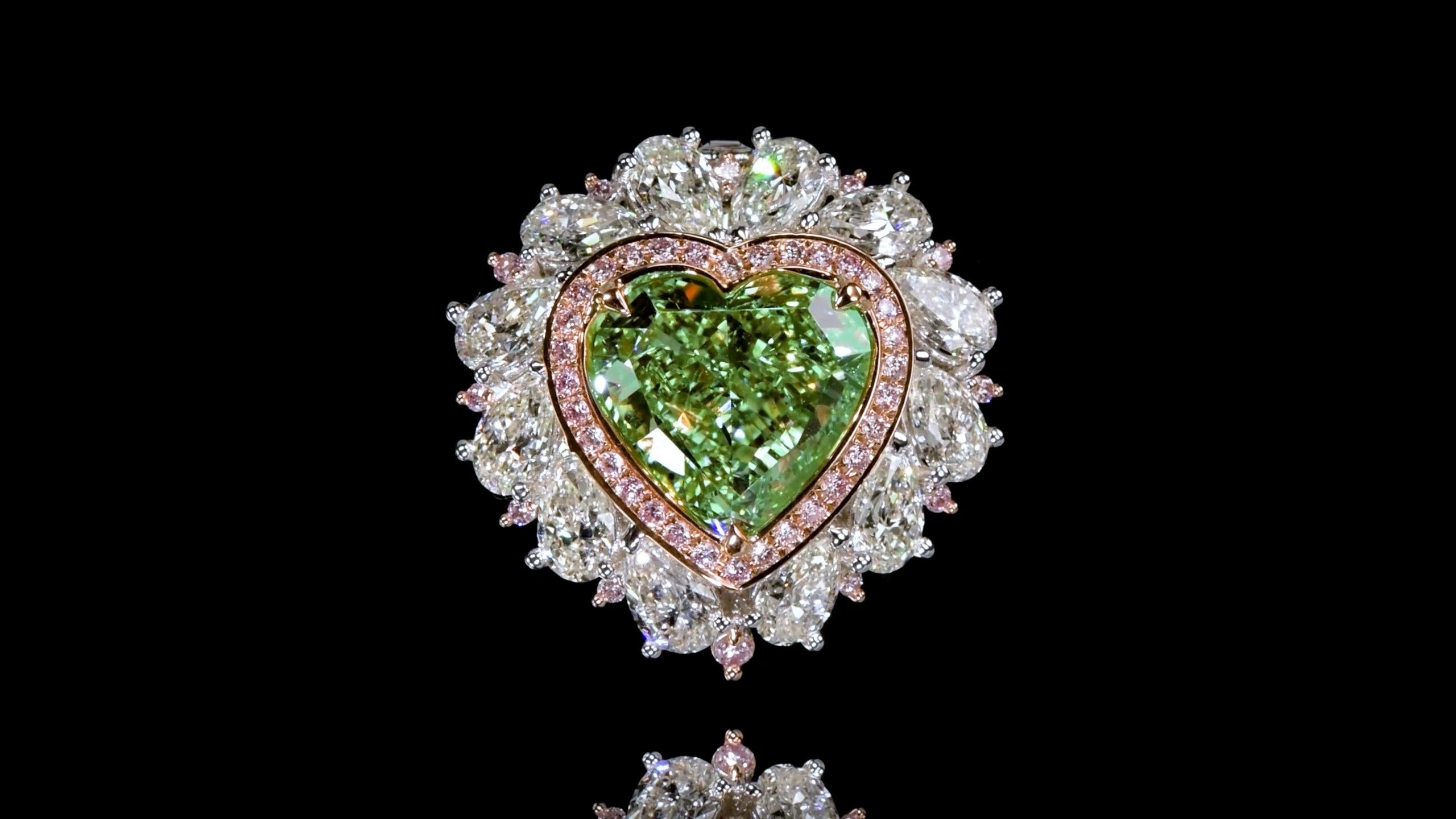 Emilio Jewelry Gia Certified 9.45 Carat Fancy Green Diamond Heart Ring  For Sale 3