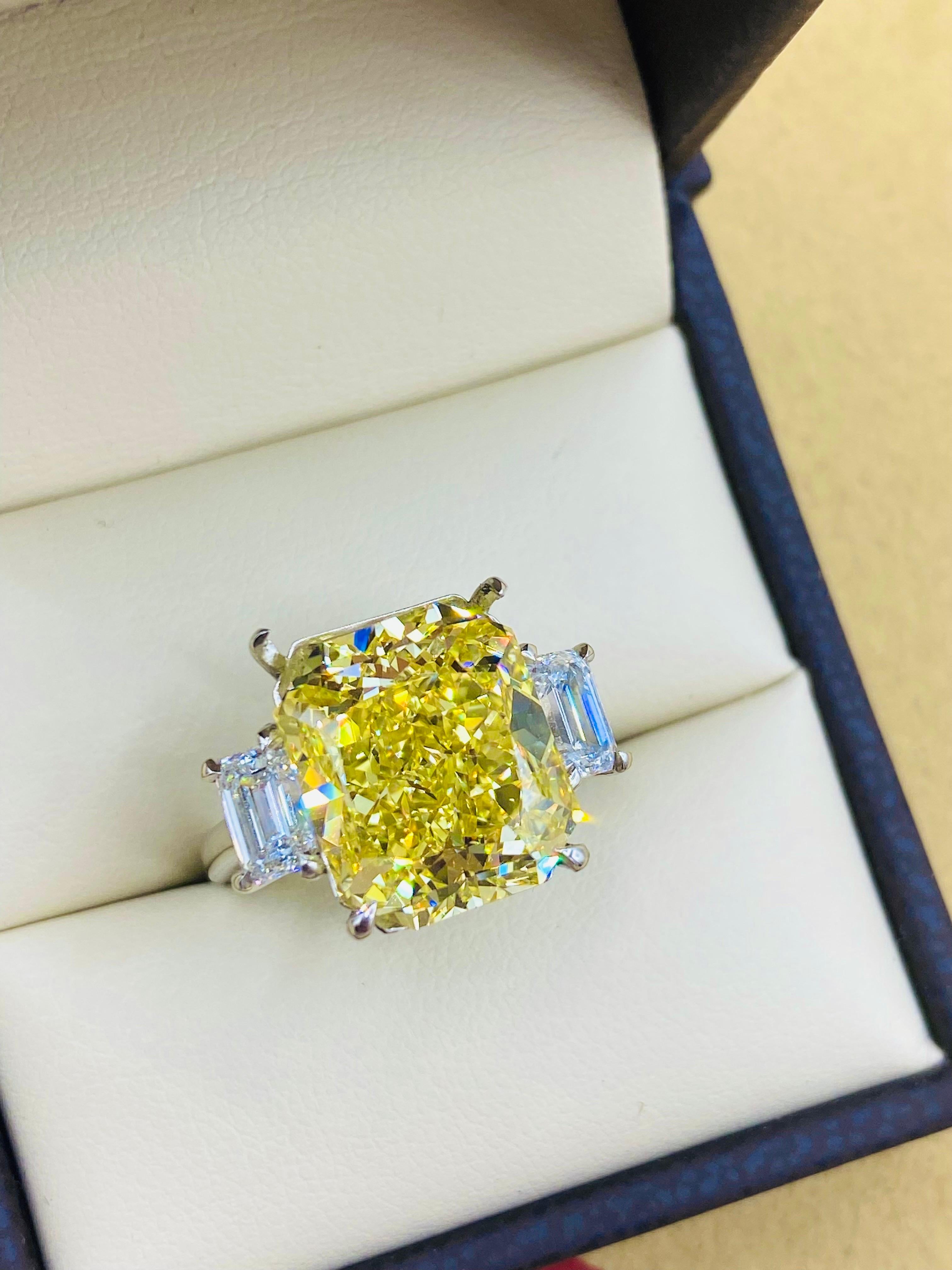 Radiant Cut Emilio Jewelry Gia Certified 9.95 Carat Fancy Intense Yellow Diamond Ring  For Sale