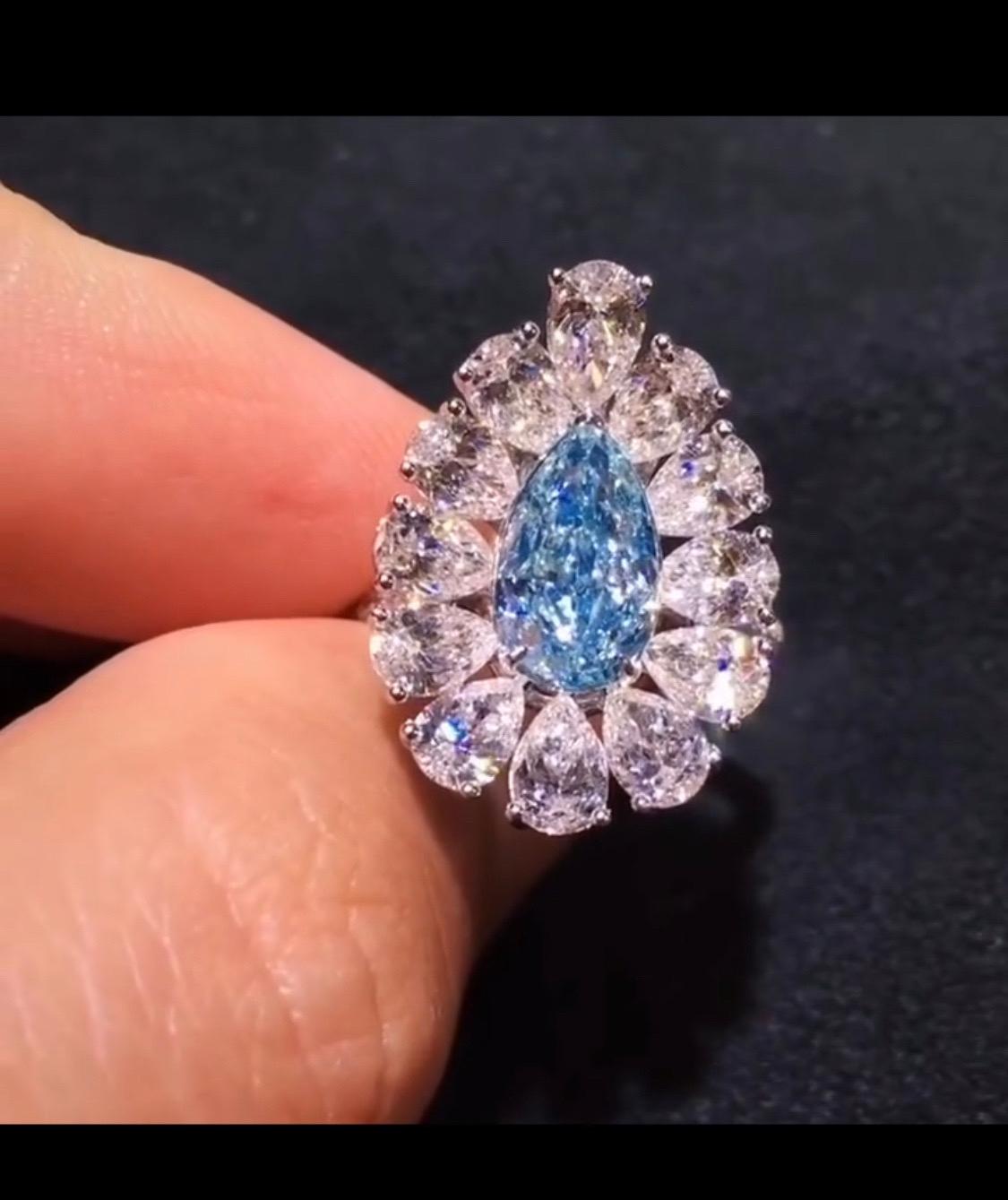 Pear Cut Emilio Jewelry GIA Certified Blue Pear Diamond Ring For Sale