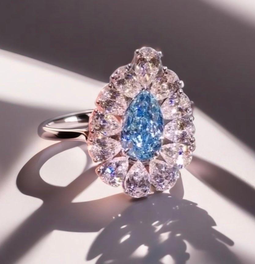 Emilio Jewelry GIA Certified Blue Pear Diamond Ring In New Condition For Sale In New York, NY