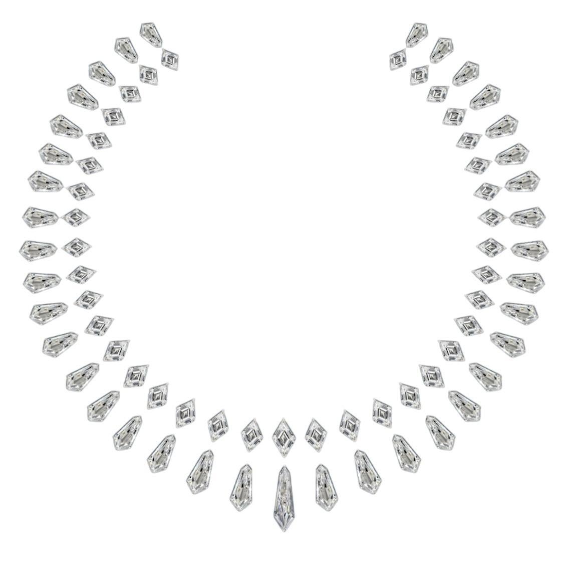 Avg Size : 
1.04
Color : 
D-G
Clarity : 
FL-VS2
Floro. : 
NON-FNT
Total Weight : 
77.1 Ct
No. of Pcs. : 
74
From Emilio Jewelry, a well known and respected wholesaler/dealer located on New York’s iconic Fifth Avenue, 
The only necklace in the world