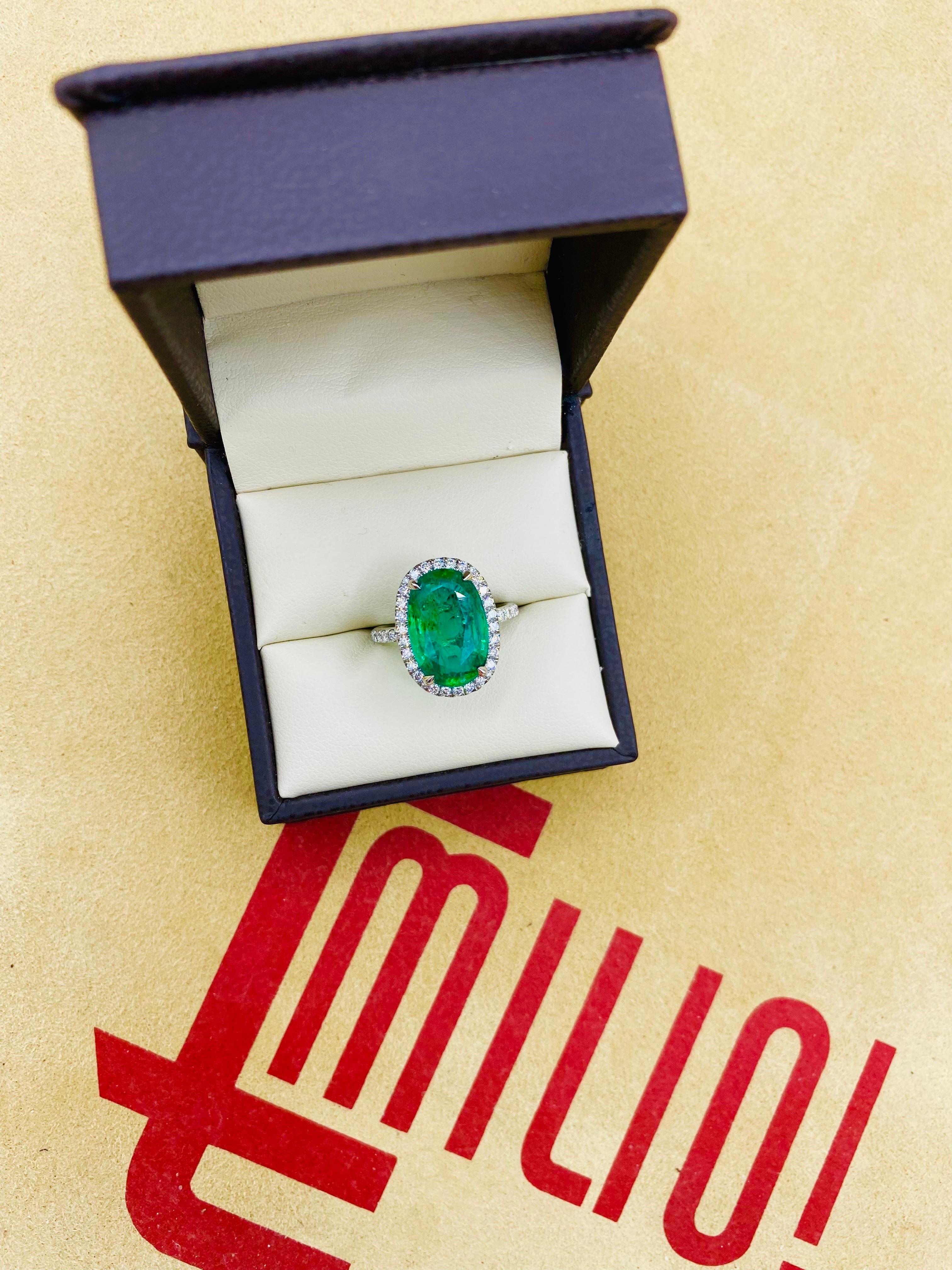 Emilio Jewelry AGL Certified Elongated 6.56 Carat Emerald Diamond Ring For Sale 2