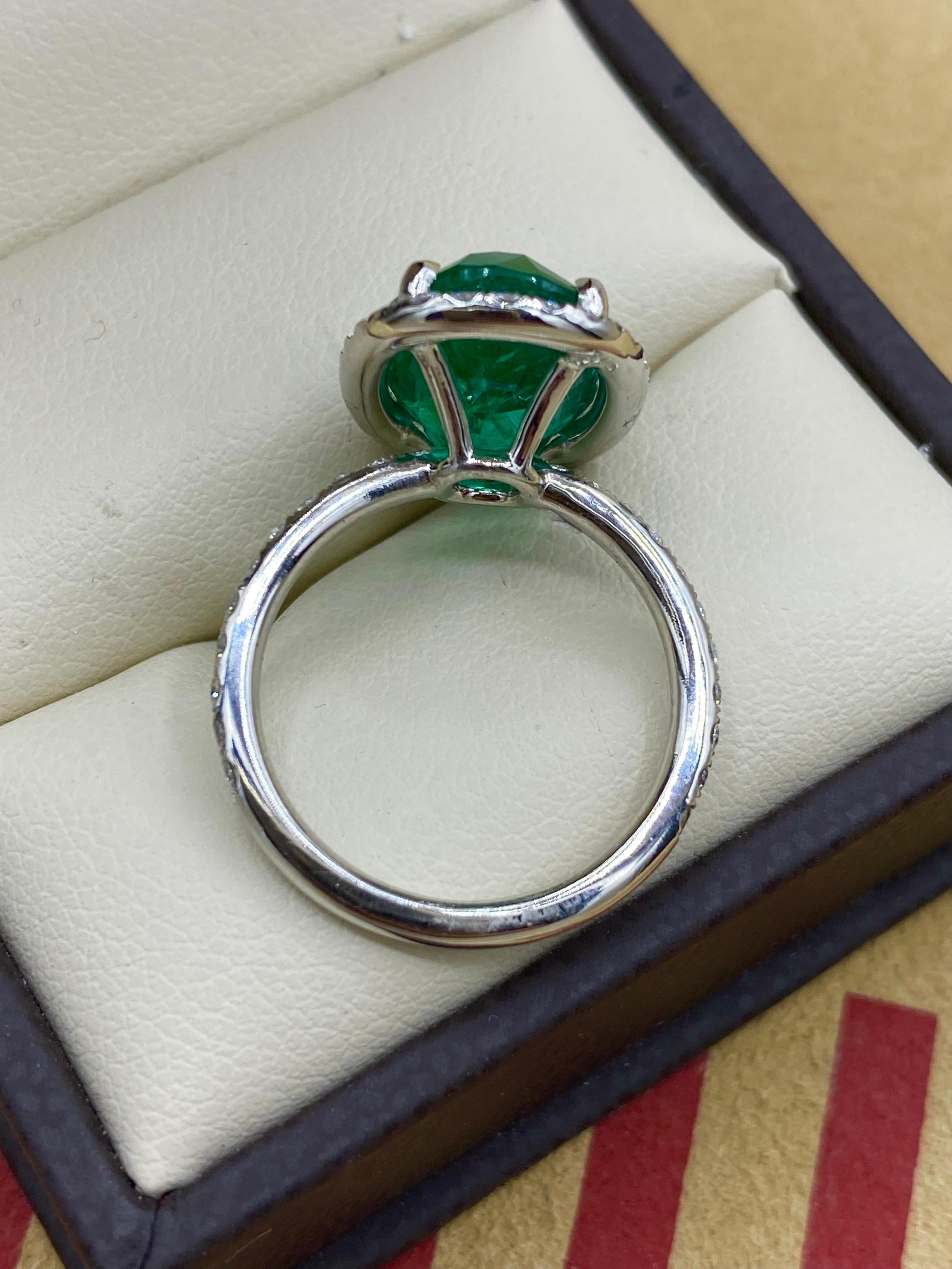 Cushion Cut Emilio Jewelry AGL Certified Elongated 6.56 Carat Emerald Diamond Ring For Sale