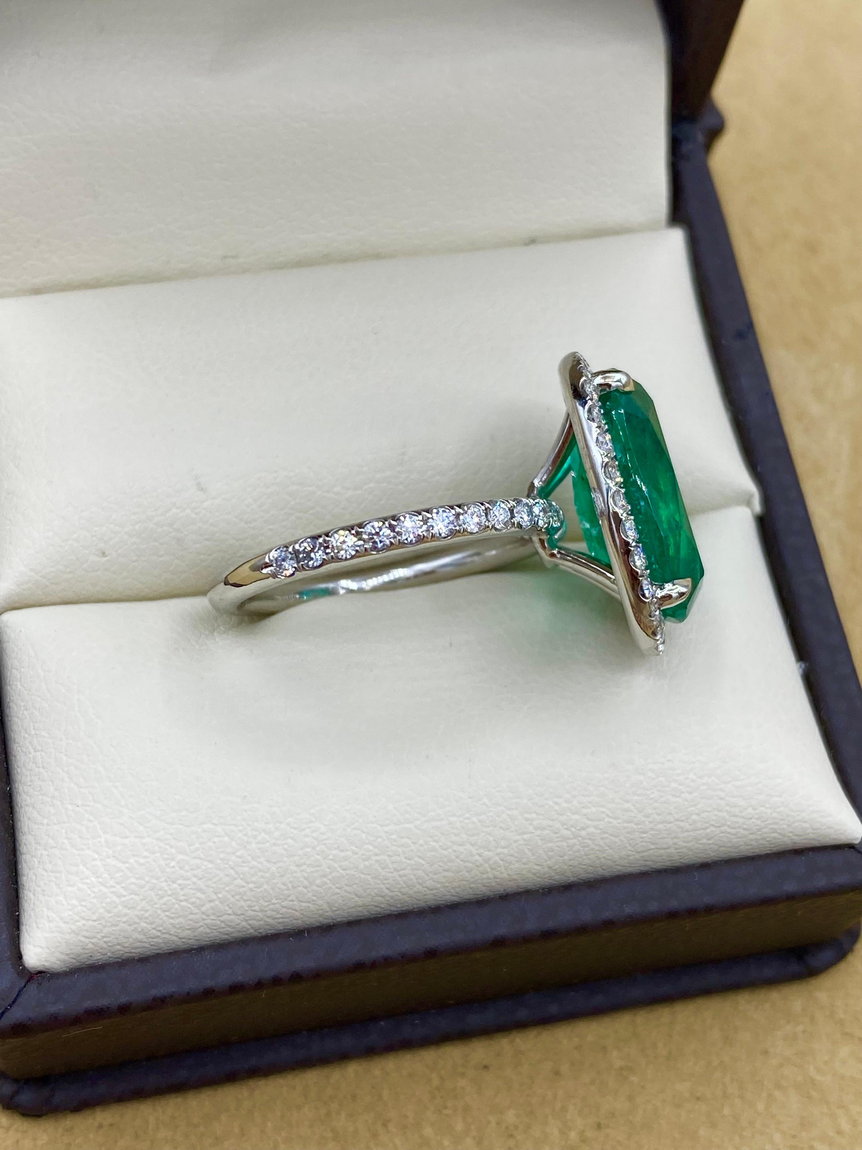 Women's or Men's Emilio Jewelry AGL Certified Elongated 6.56 Carat Emerald Diamond Ring