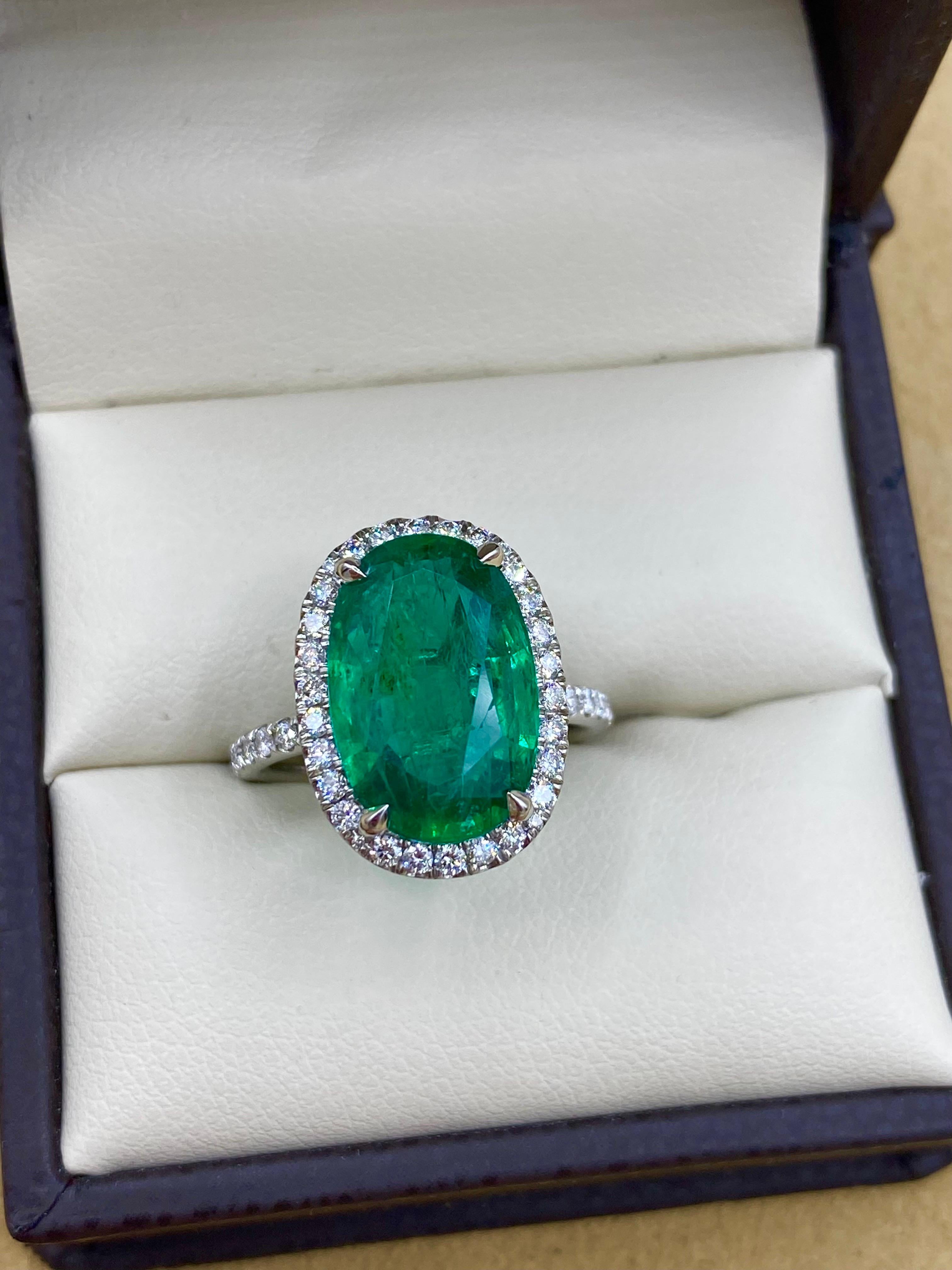 Emilio Jewelry AGL Certified Elongated 6.56 Carat Emerald Diamond Ring For Sale 1