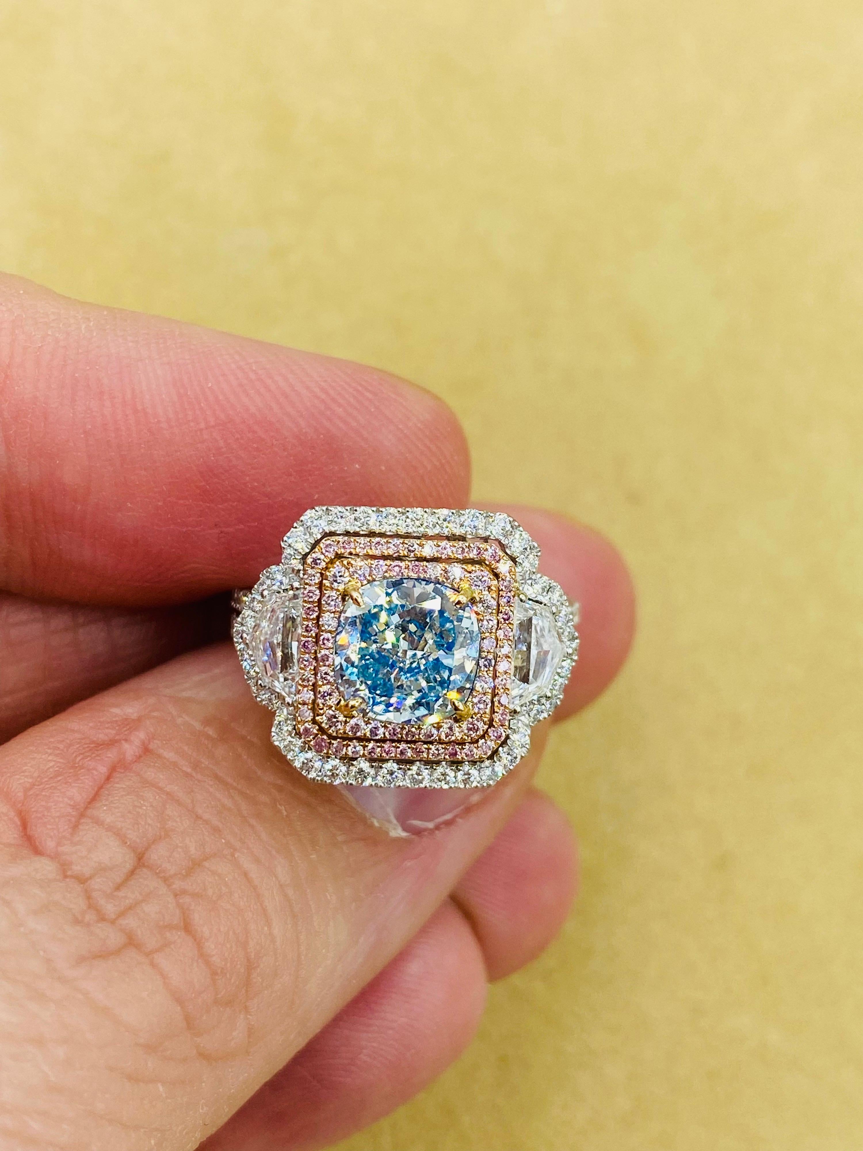 Cushion Cut Emilio Jewelry GIA Certified Fancy Blue Green Diamond Ring