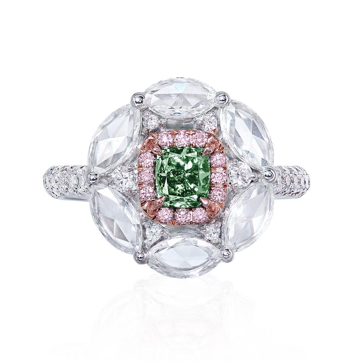 From the Museum Vault at Emilio Jewelry located on New York's iconic Fifth Avenue,

Center Stone: weighing just over .60 carat Fancy Deep Green with no overtone. VS2 CUSHION.
Setting: 66 white diamonds totaling about 0.38 carats, 2 white diamonds