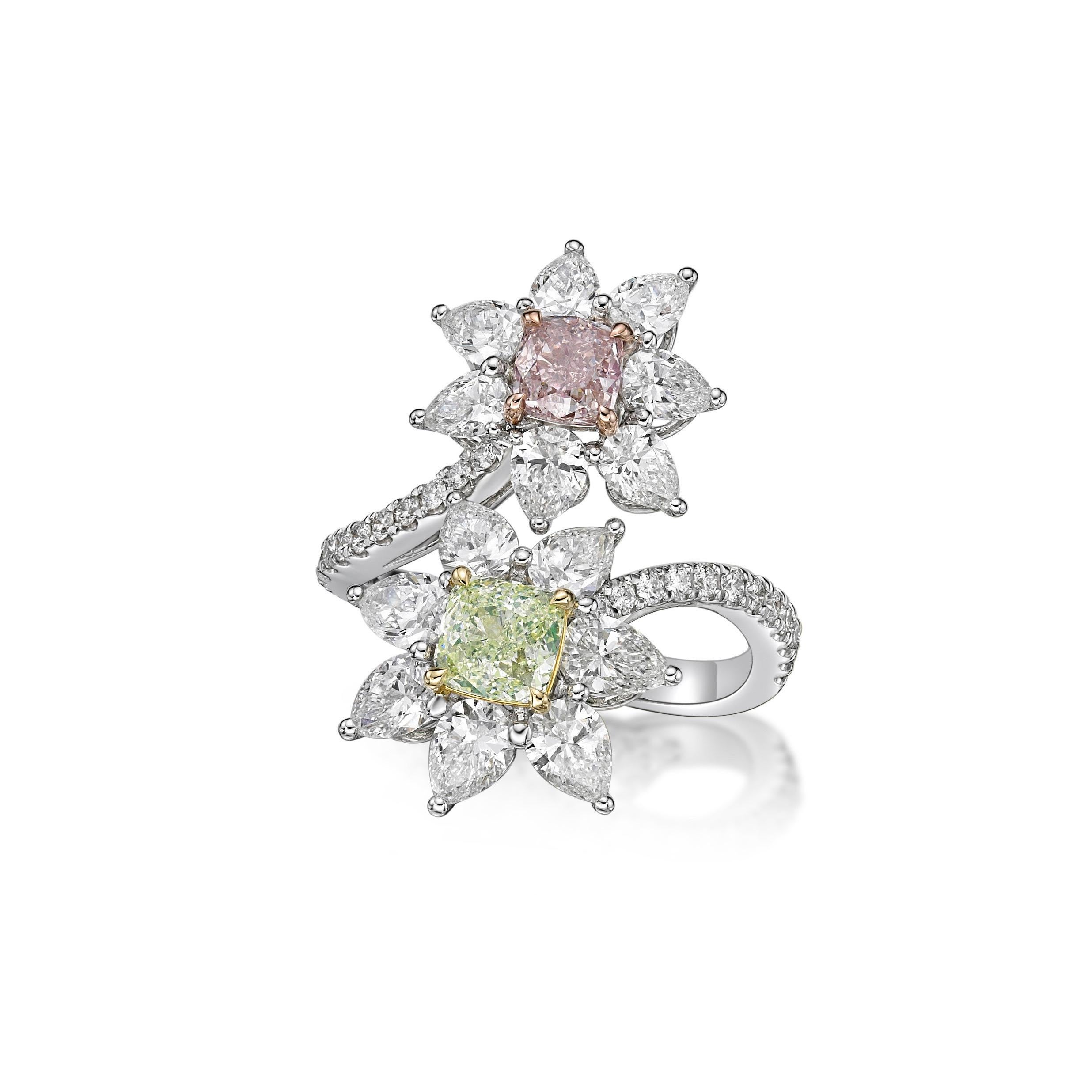 2 cushion diamonds Gia certified natural fancy green, and fancy pink totaling 1.42cts in the center,
14 diamonds total 2.40ct
24 small diamonds total 0.28ct

From The Vault at Emilio Jewelry Located on New York's iconic Fifth Avenue,Total weight