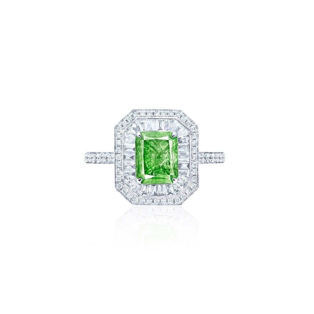 From Emilio Jewelry New York, a well known dealer/wholesaler located on New York's iconic Fifth Avenue,

Gia certified natural fancy intense green diamond center with no overstone 1.60+ carats 
mouting 80 white diamonds totaling about 0.57
