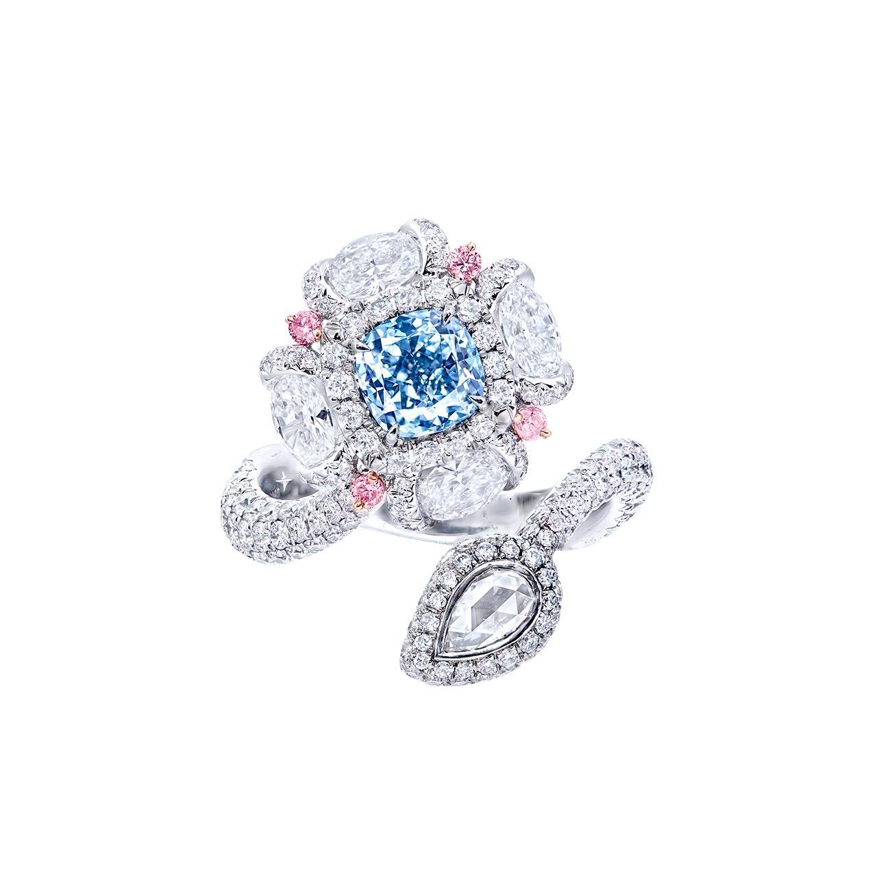 Radiant Cut Emilio Jewelry GIA Certified Fancy Light Blue Diamond Ring For Sale