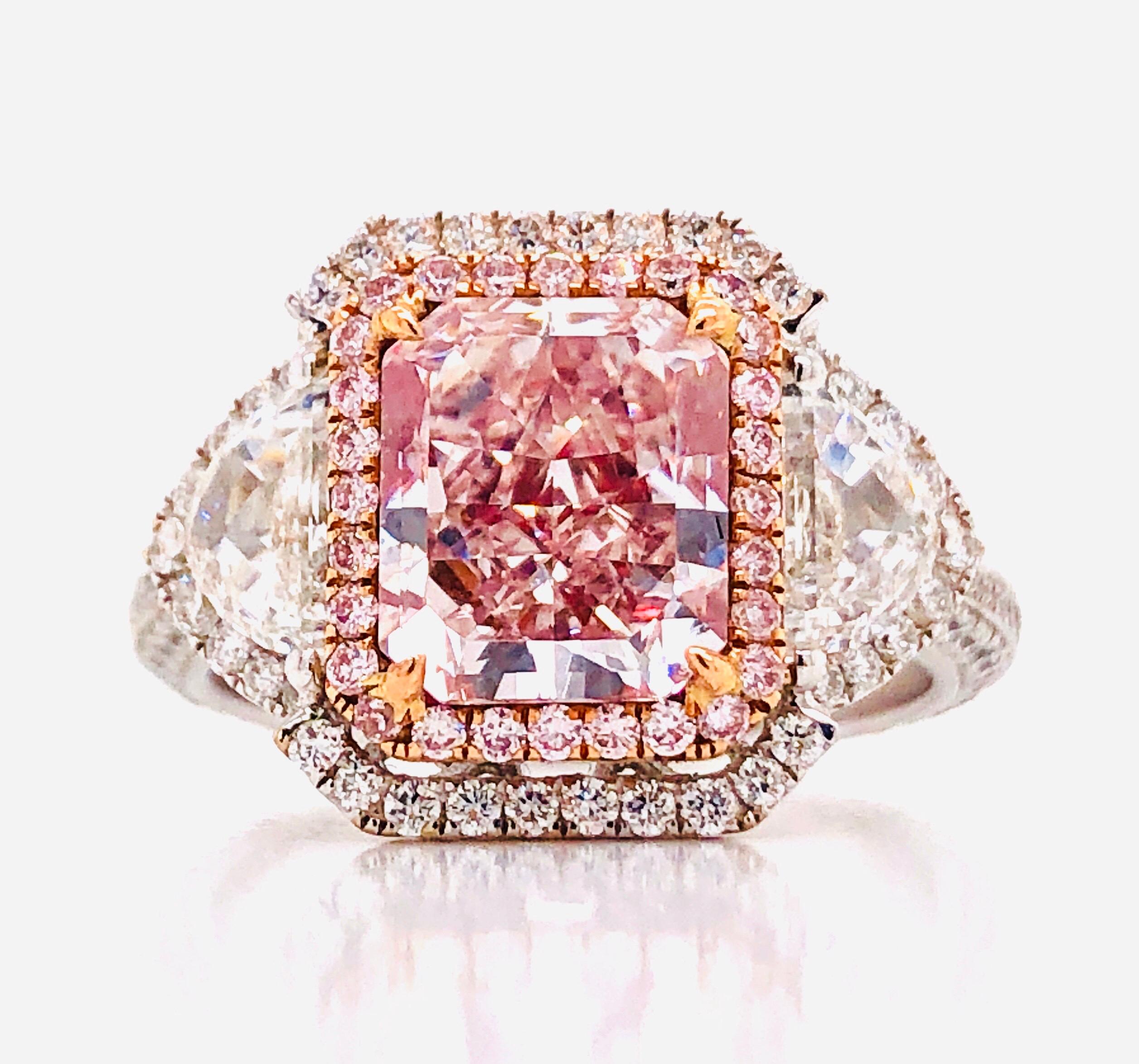 Radiant Cut Emilio Jewelry GIA Certified 3.00 Carat Fancy Light Pink Diamond Ring