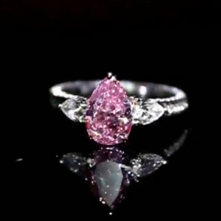 Pear Cut Emilio Jewelry GIA Certified Fancy Vivid Purple Pink Diamond Ring For Sale