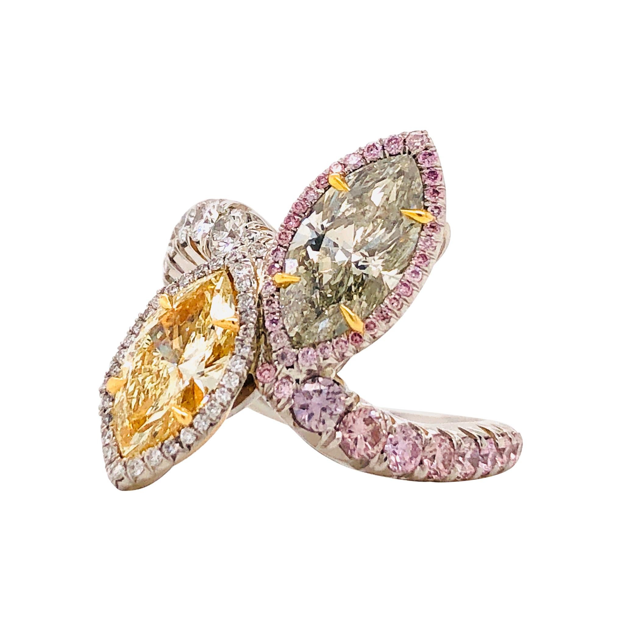 Emilio Jewelry, bague en diamants verts et jaunes certifiés GIA