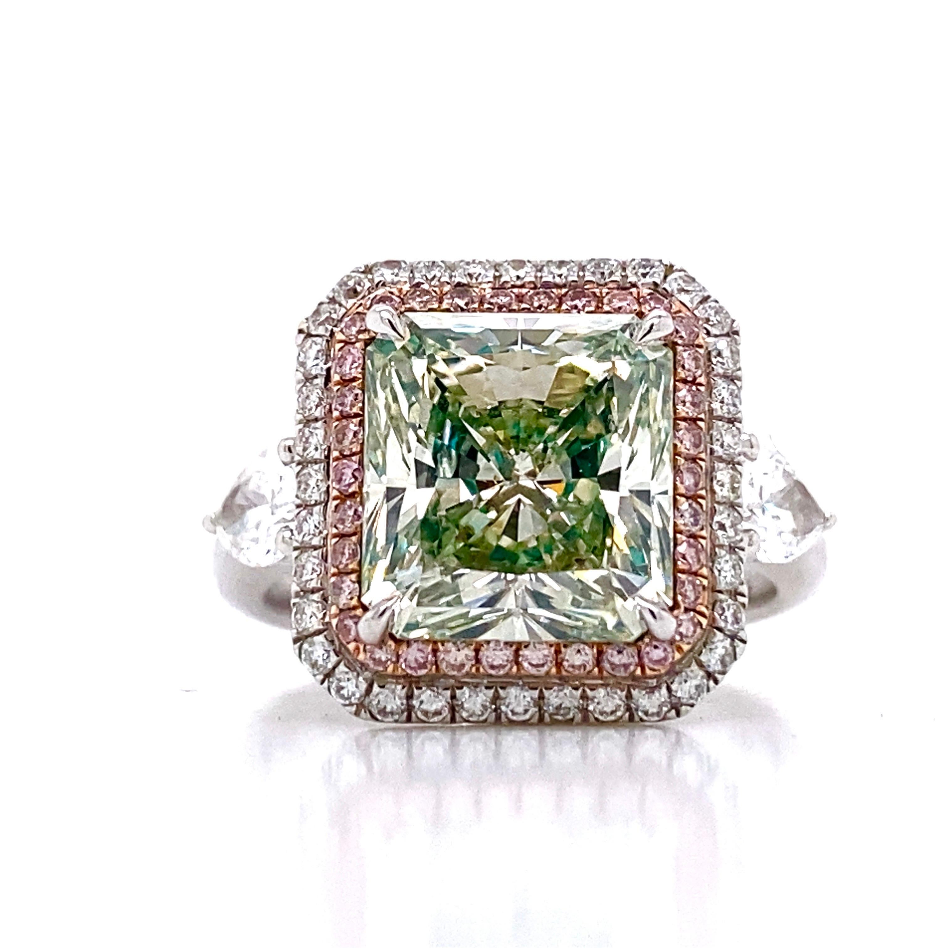 Radiant Cut Emilio Jewelry GIA Certified Greenish Diamond Ring For Sale