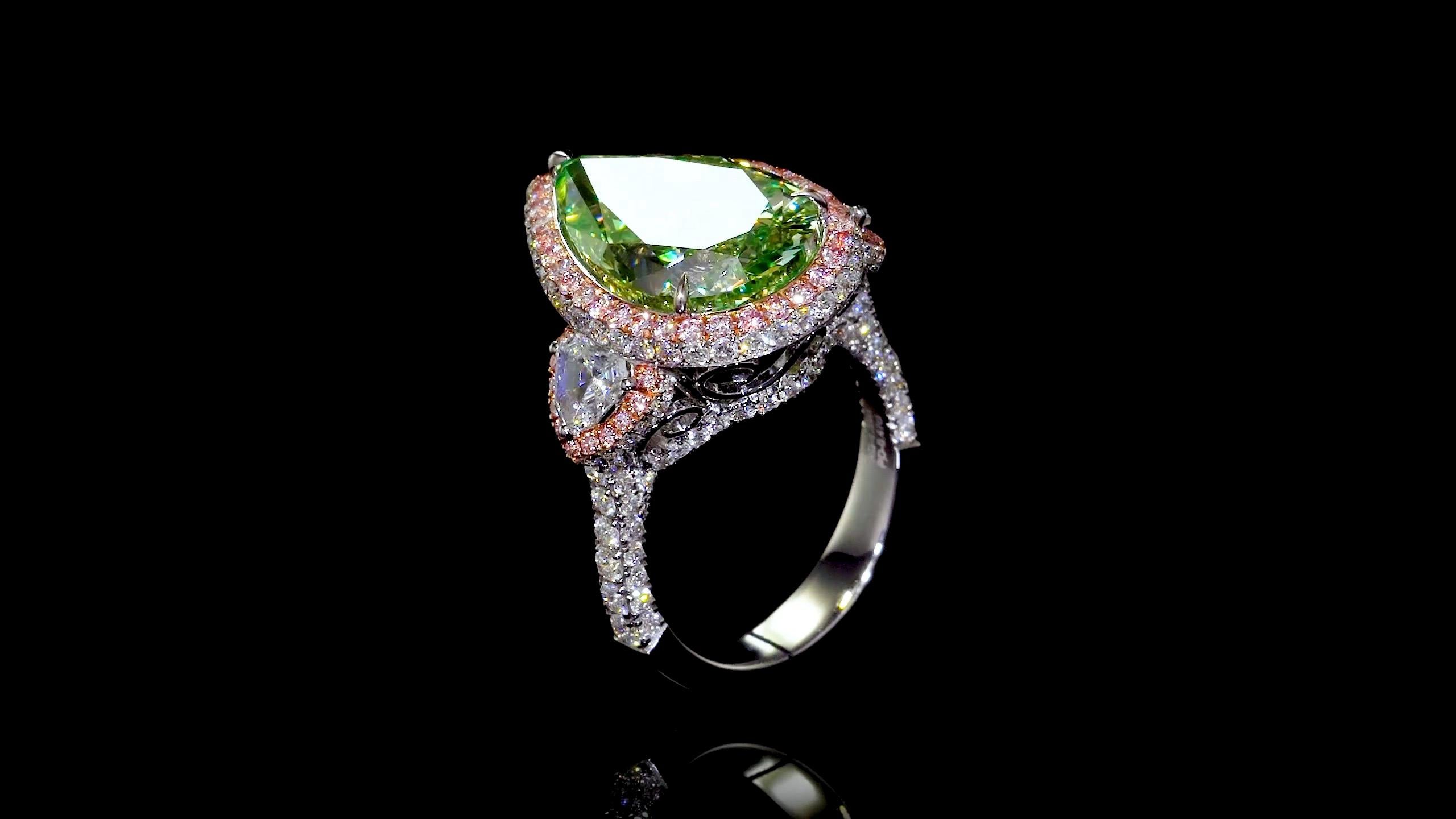Pear Cut Emilio Jewelry GIA Certified Greenish Yellow Diamond Ring  For Sale