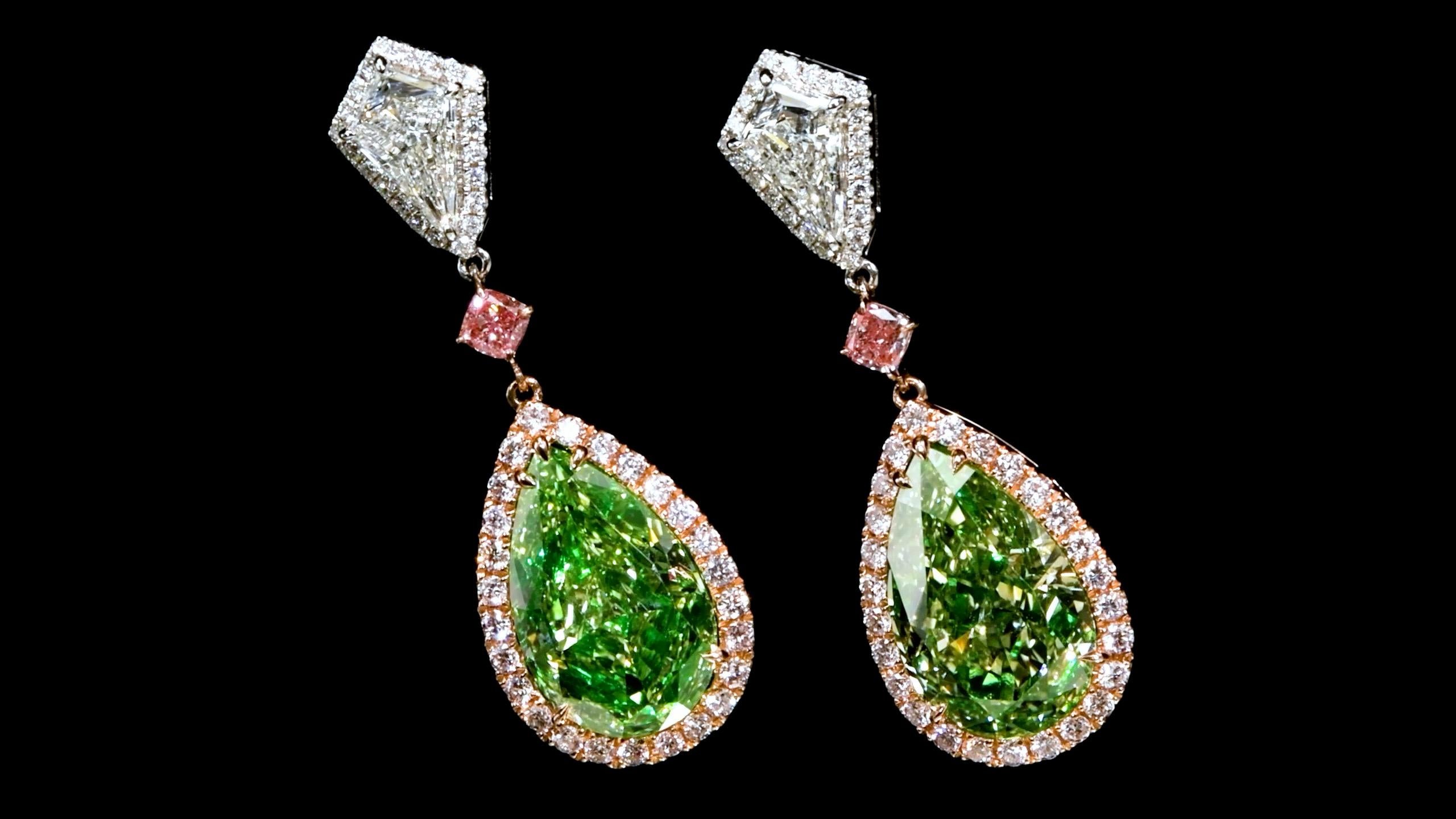 Pear Cut Emilio Jewelry Gia Certified Natural 10.00 Carat Green Diamond Earrings  For Sale