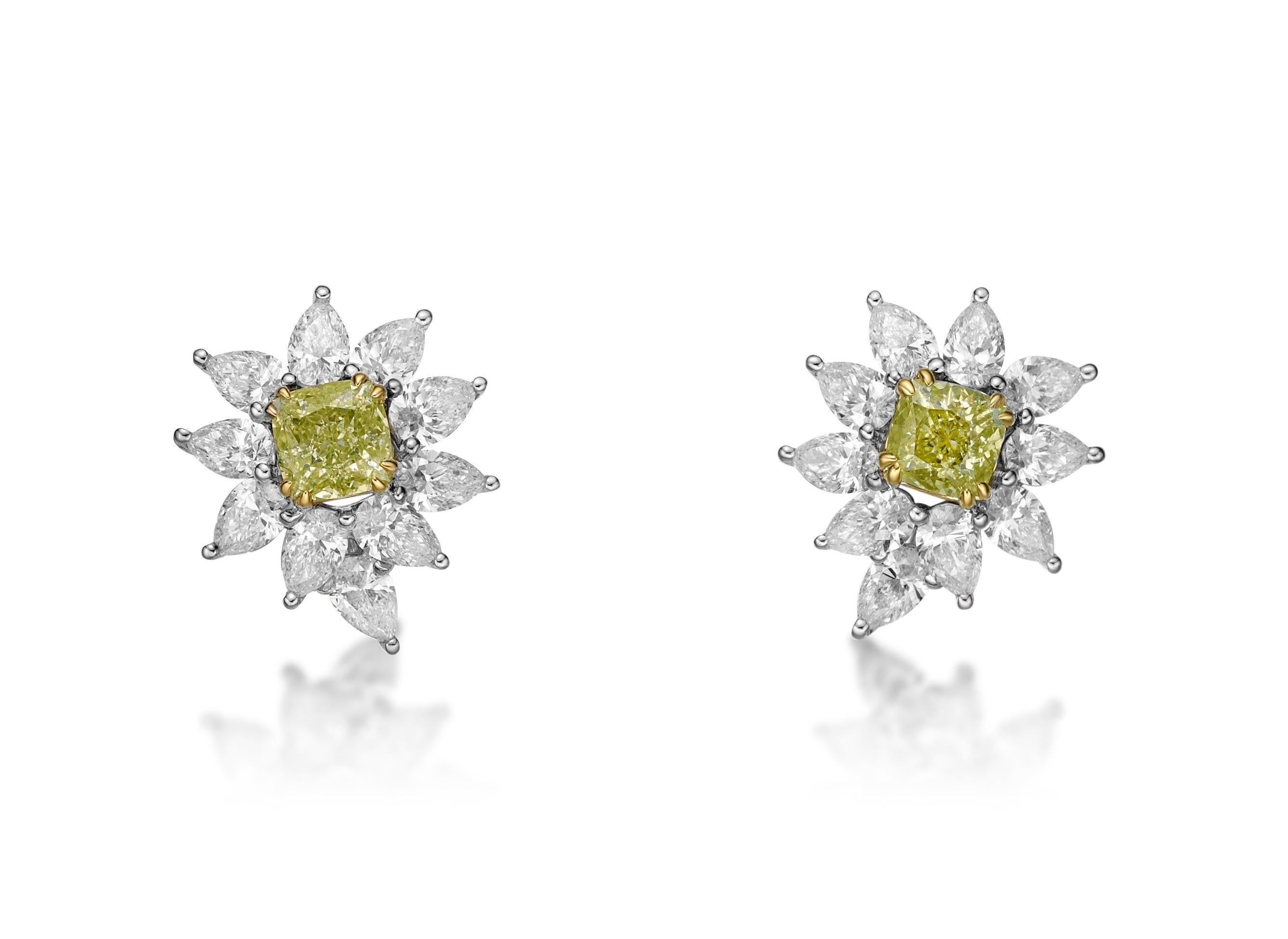 Cushion Cut Emilio Jewelry GIA Certified Natural 1.96 Carat Green Yellow Diamond Studs