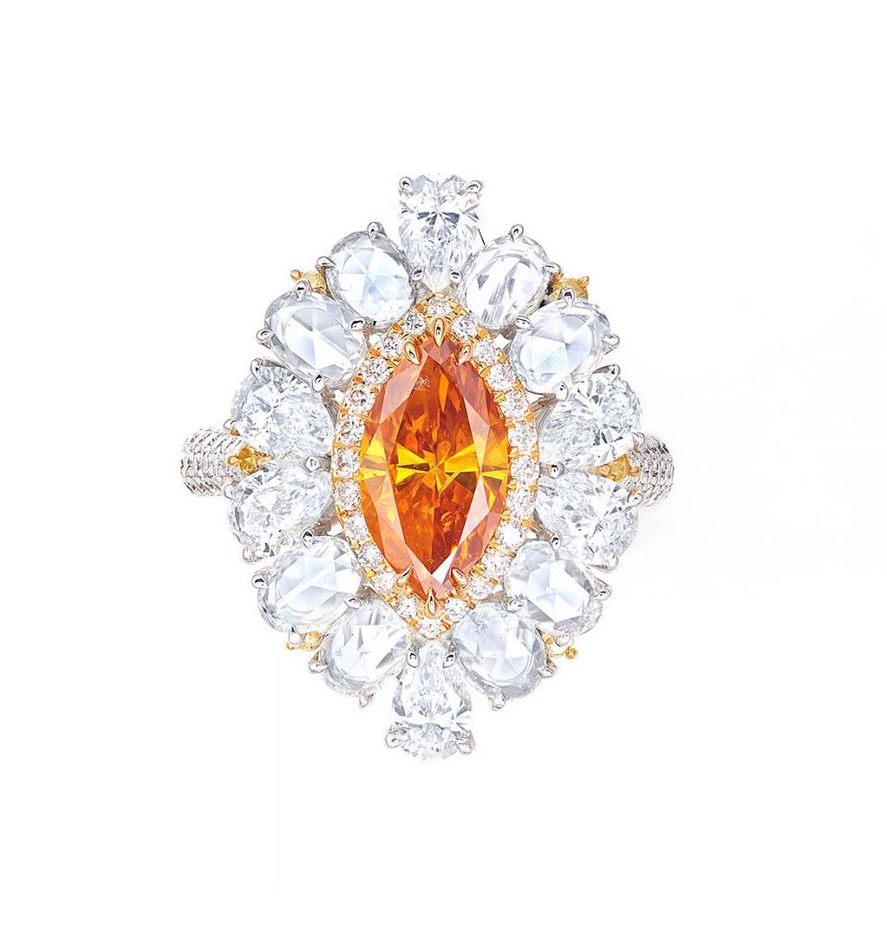 Taille Marquise Emilio Jewelry, bague en diamant orange foncé naturel certifié GIA en vente
