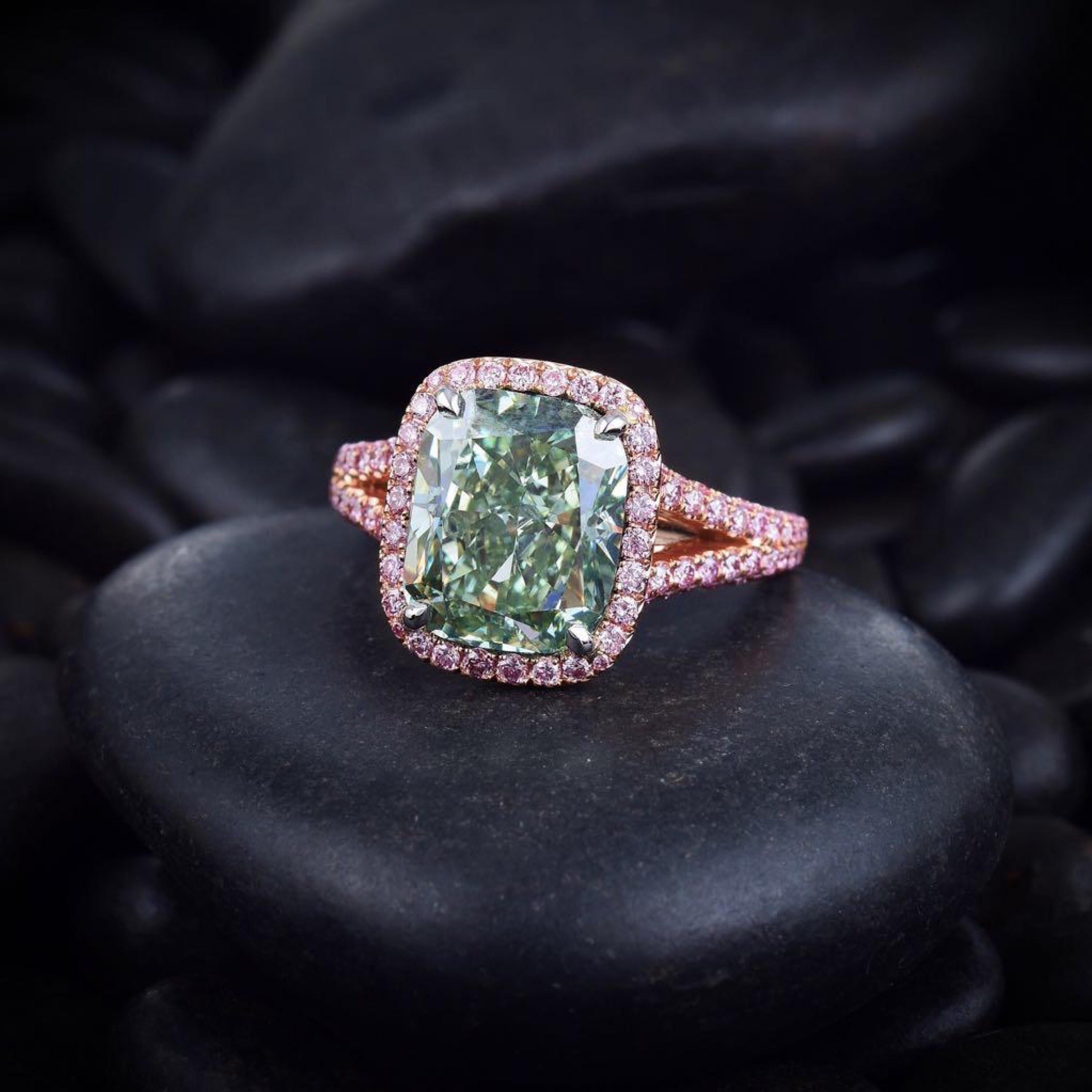 From the Emilio Jewelry Museum Vault, We are Showcasing a Gia certified 4.00 carat plus natural fancy intense green diamond in the center. The diamond is exceptional and clean. Please inquire for the video. Emilio Jewelry is a specialist and leader