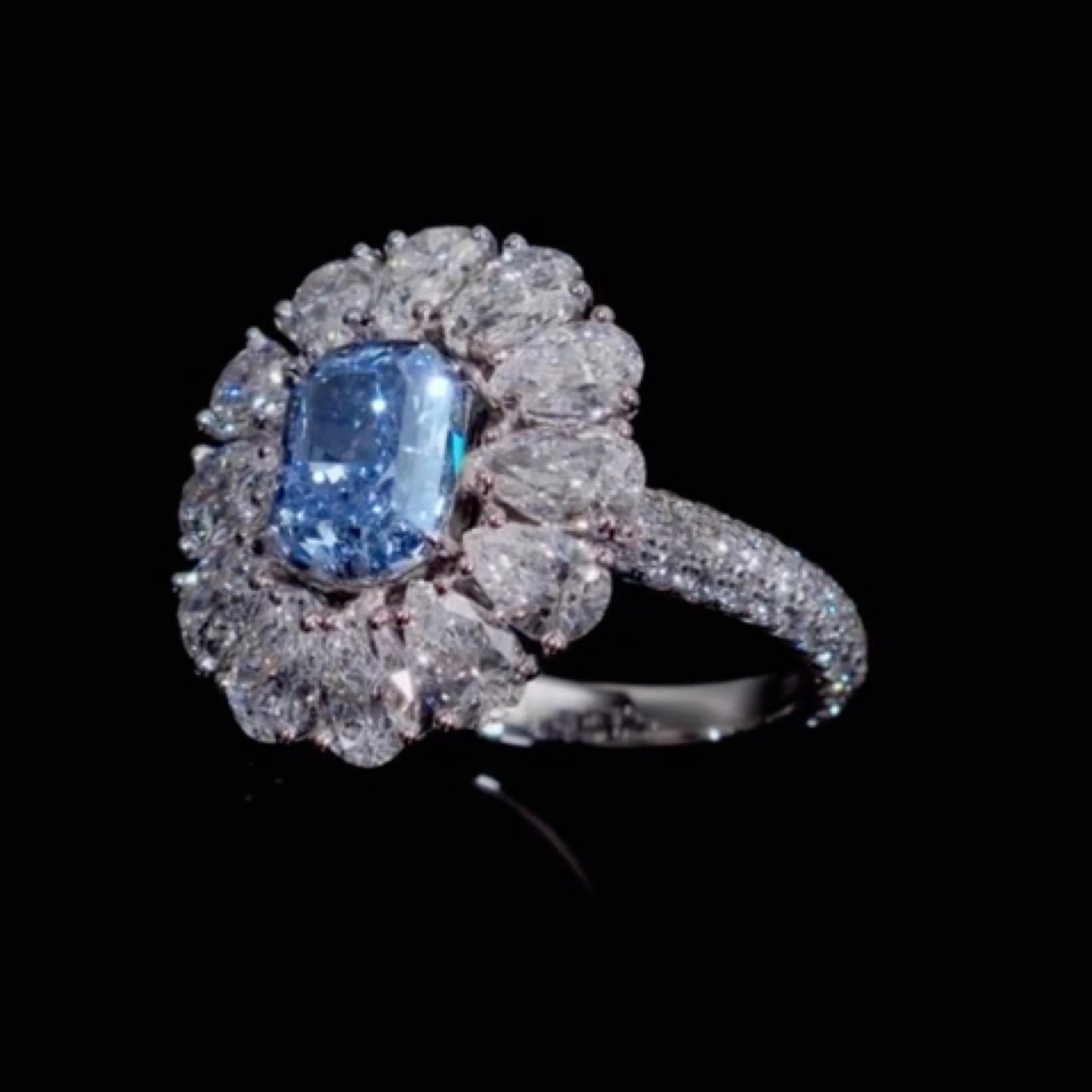 Cushion Cut Emilio Jewelry GIA Certified Natural Vivid Blue Internally Flawless Diamond Ring For Sale