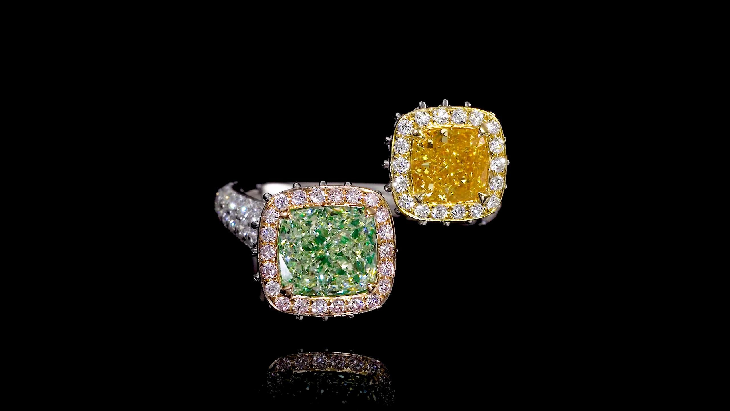 Another hand made masterpiece from the Museum Vault At Emilio Jewelry, located on New York's iconic Fifth Avenue. This Ring features two extraordinary natural diamonds
center 1: Gia certified natural fancy intense orangey yellow 1ct +
center 2: Gia