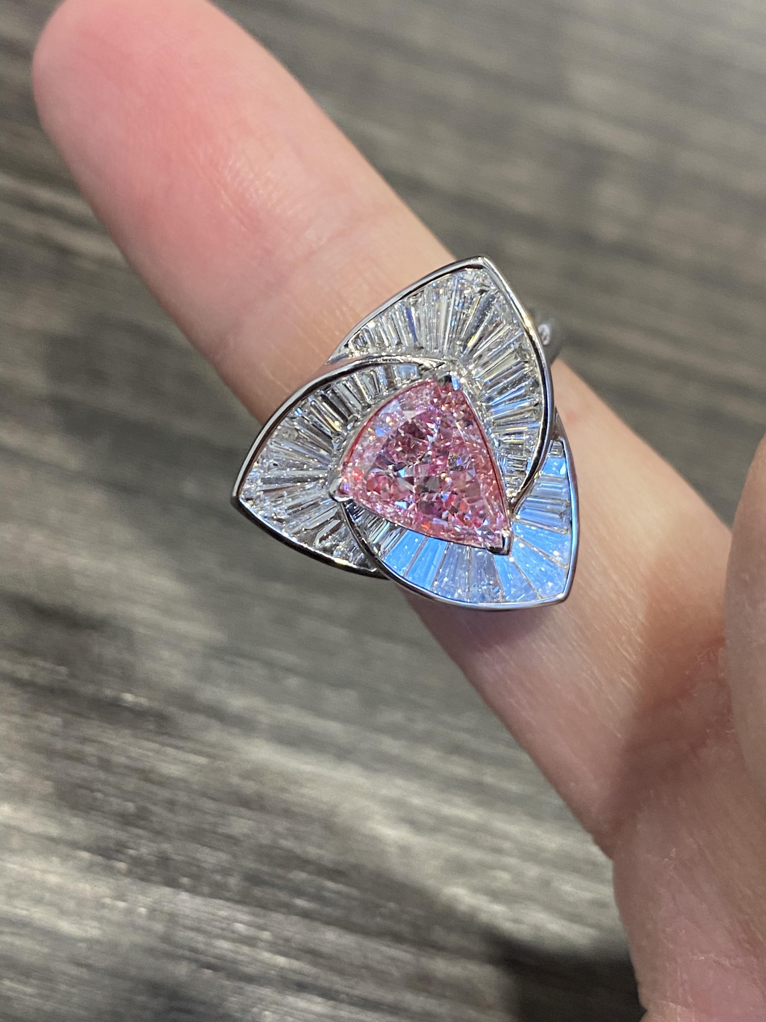 Emilio Jewelry GIA Certified Trilliant Cut Pink Diamond Ring For Sale 1