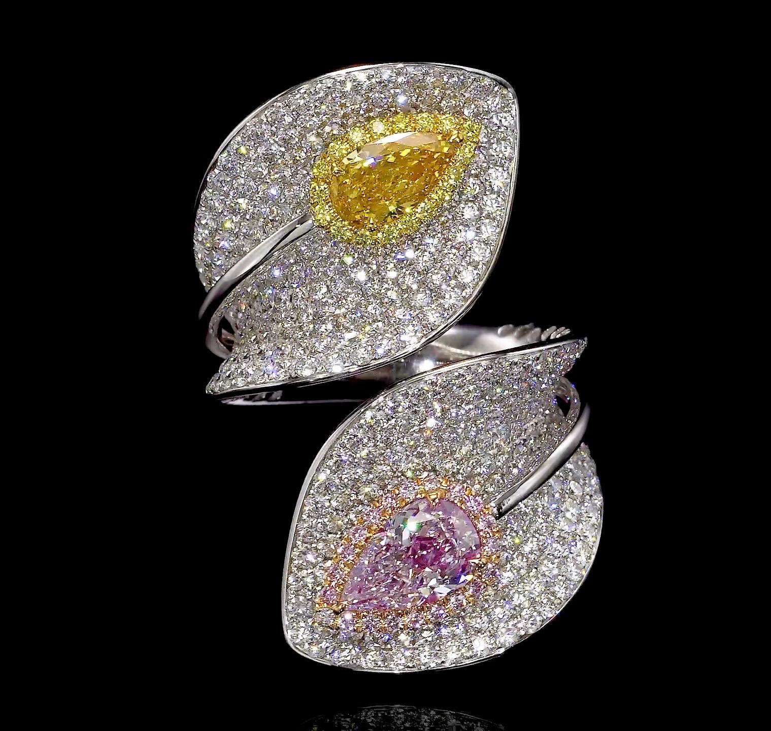 Pear Cut Emilio Jewelry Gia Certified Vivid Orangey Yellow And Pink Diamond Ring For Sale