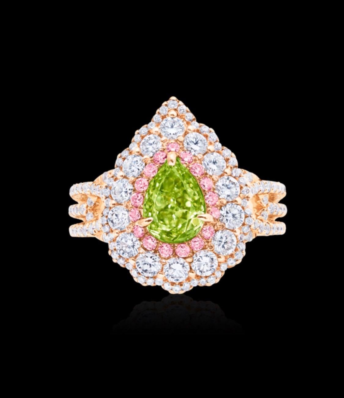 Showcasing a very special certified 1 carat clean natural fancy yellow green diamond ring certified by GIA. Because the second word is green on the certificate that means the primary color is indeed Green, and yellow is just an overtone. Hand made
