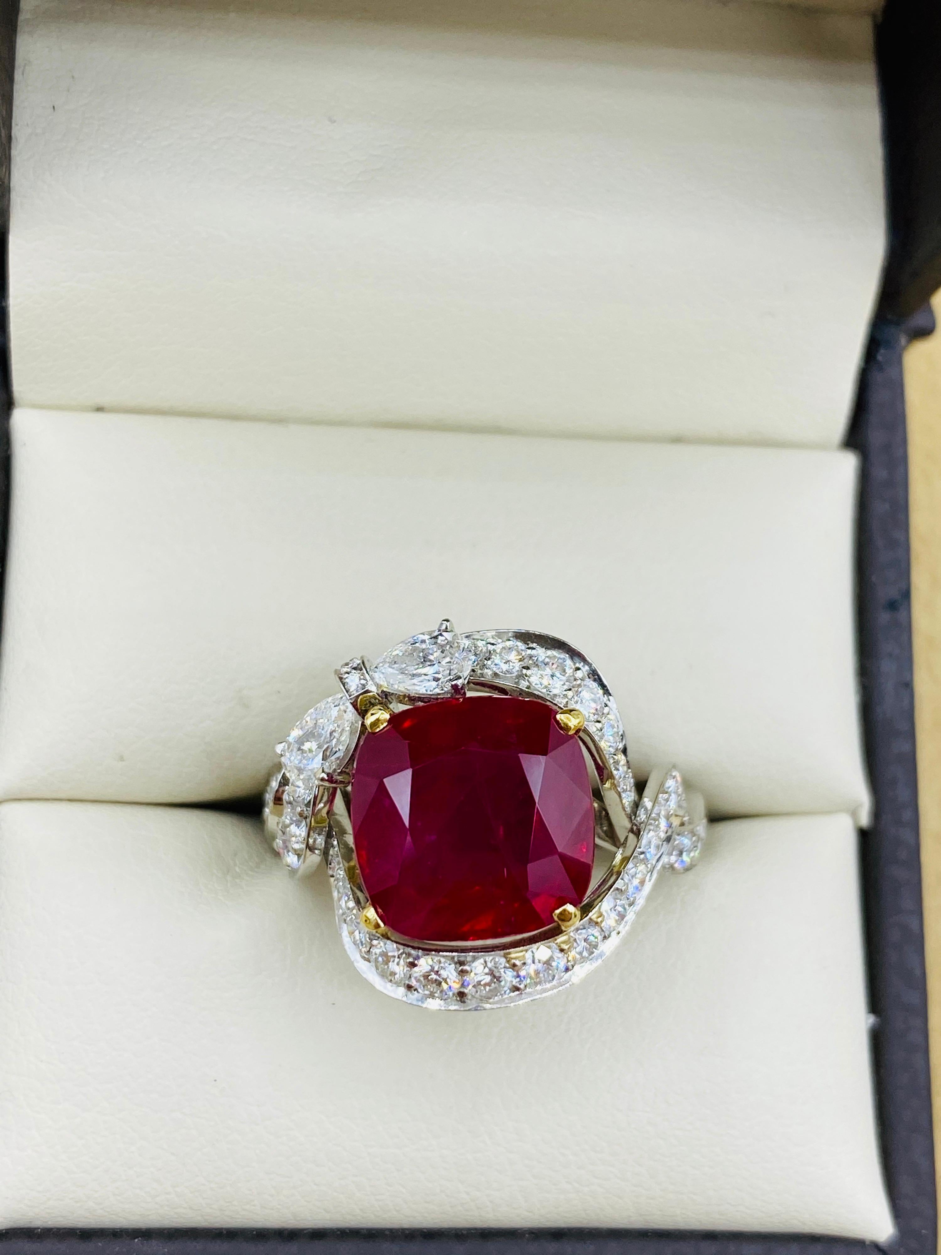 Cushion Cut Emilio Jewelry GRS Certified 6.50 Carat Pigeons Blood Burmese Ruby Ring