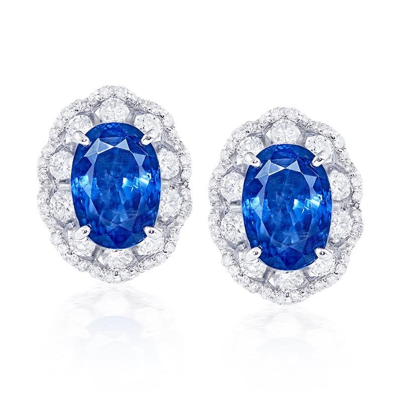 From the vault at Emilio Jewelry New York,
Main stone: 3.55 carats Royal Blue OVAL, 3.70 carats Royal Blue OVAL
Setting: White diamonds totaling about 0.56 carats, set in Platinum.
Certificate: GRS 
The top Sri Lankan sapphire has a medium-deep to