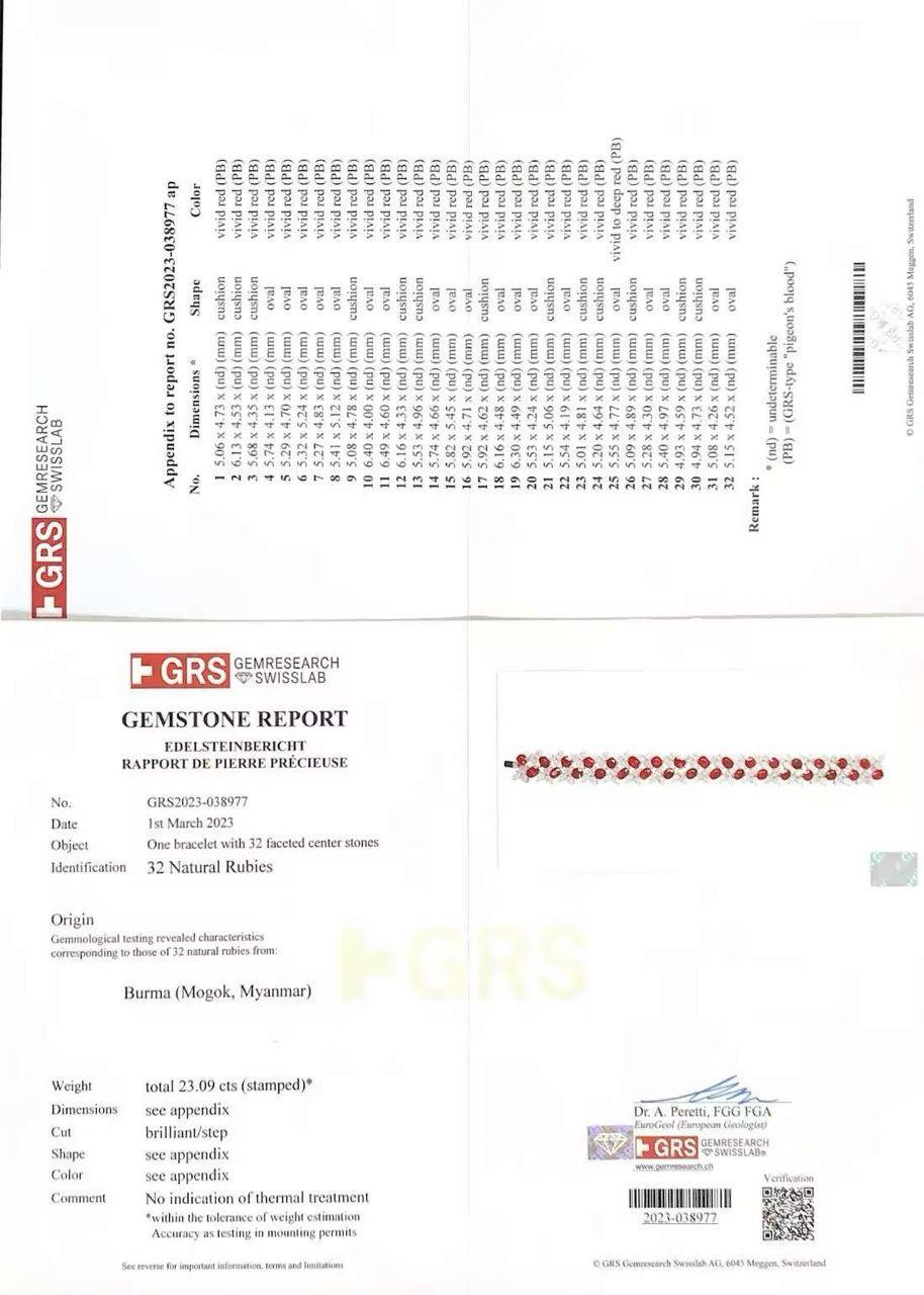 Emilio Jewelry Grs Certified Vivid Red Burma No Heat 38,00 Karat Armband (Kissenschliff) im Angebot
