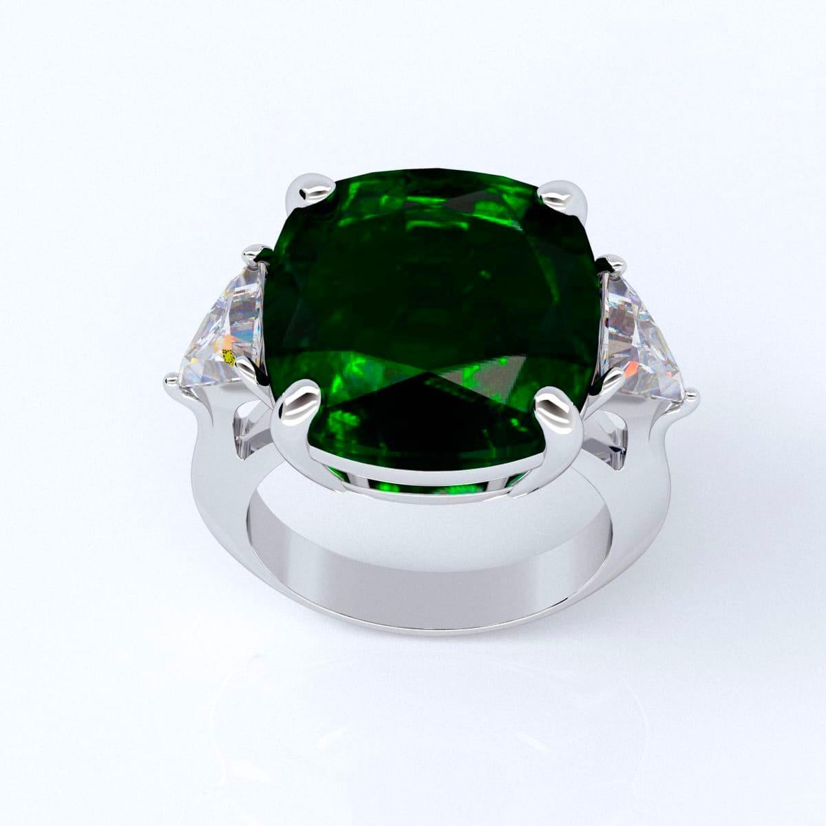 Von Emilio Jewelry, einem bekannten und angesehenen Großhändler mit Sitz auf der berühmten Fifth Avenue in New York,
Im Mittelpunkt dieses Rings steht der perfekt geschliffene, quadratische Kissen-Smaragd, der in dieser Form und Größe nur sehr