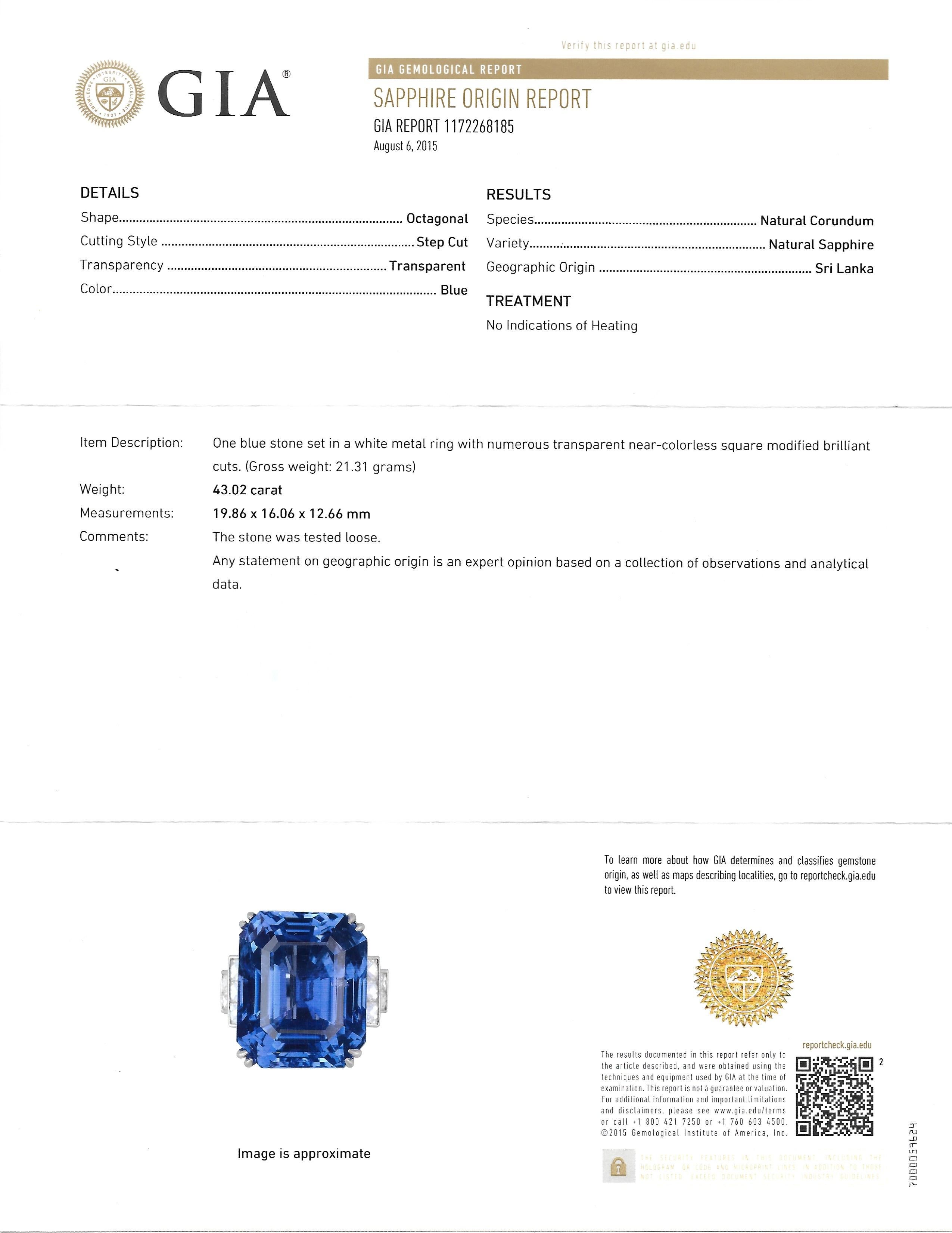 Emilio Jewelry Gubelin Certified 43.00 Carat Unheated Ceylon Sapphire Ring For Sale 8