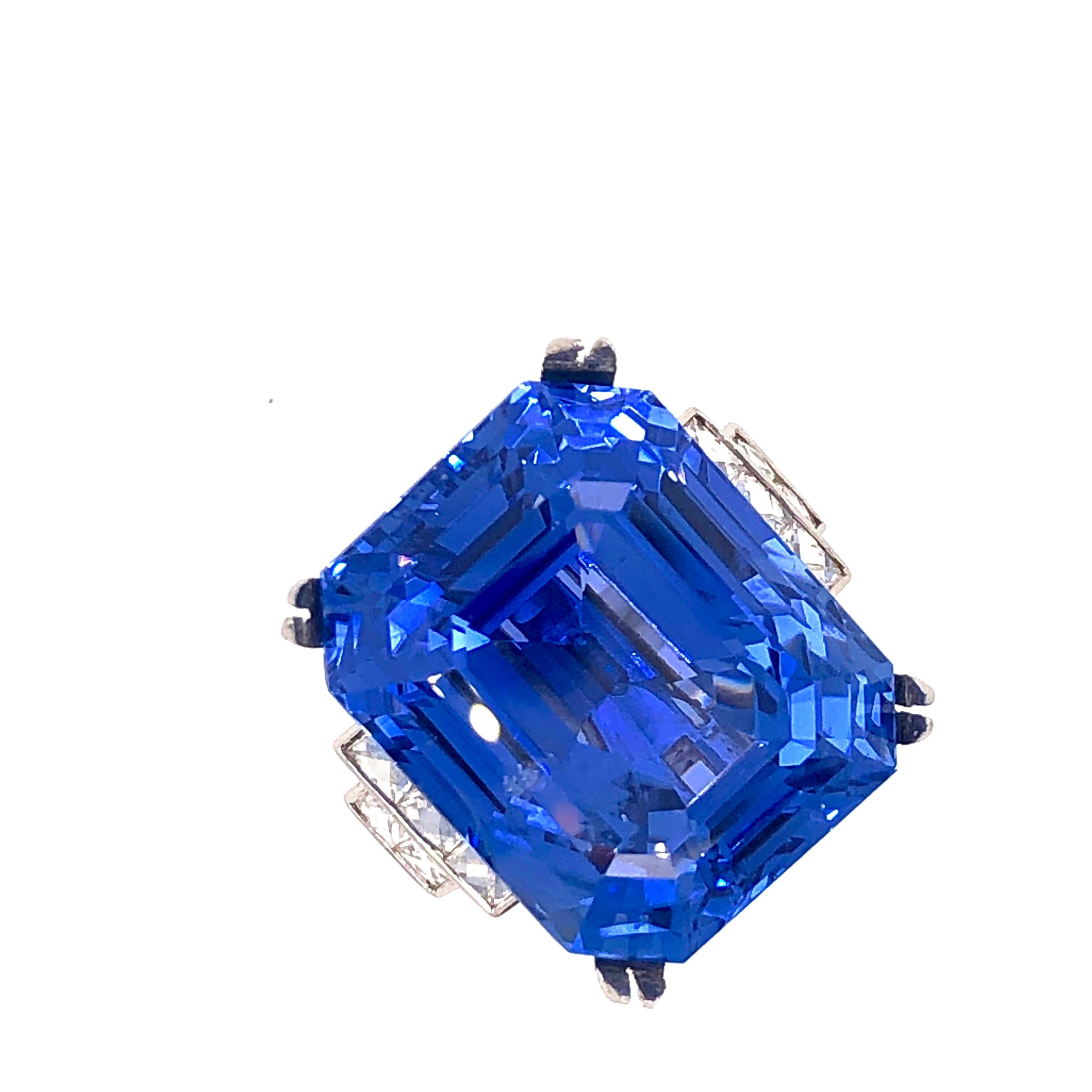 Created by Emilio Jewelry this ring is an excellent investment! Showcasing an Emerald Cut Ceylon Sapphire weighing 43.02 carats, and certified by Gubelin and GIA as an untreated, UNHEATED Sri Lankan Ceylon Sapphire. You will notice very few