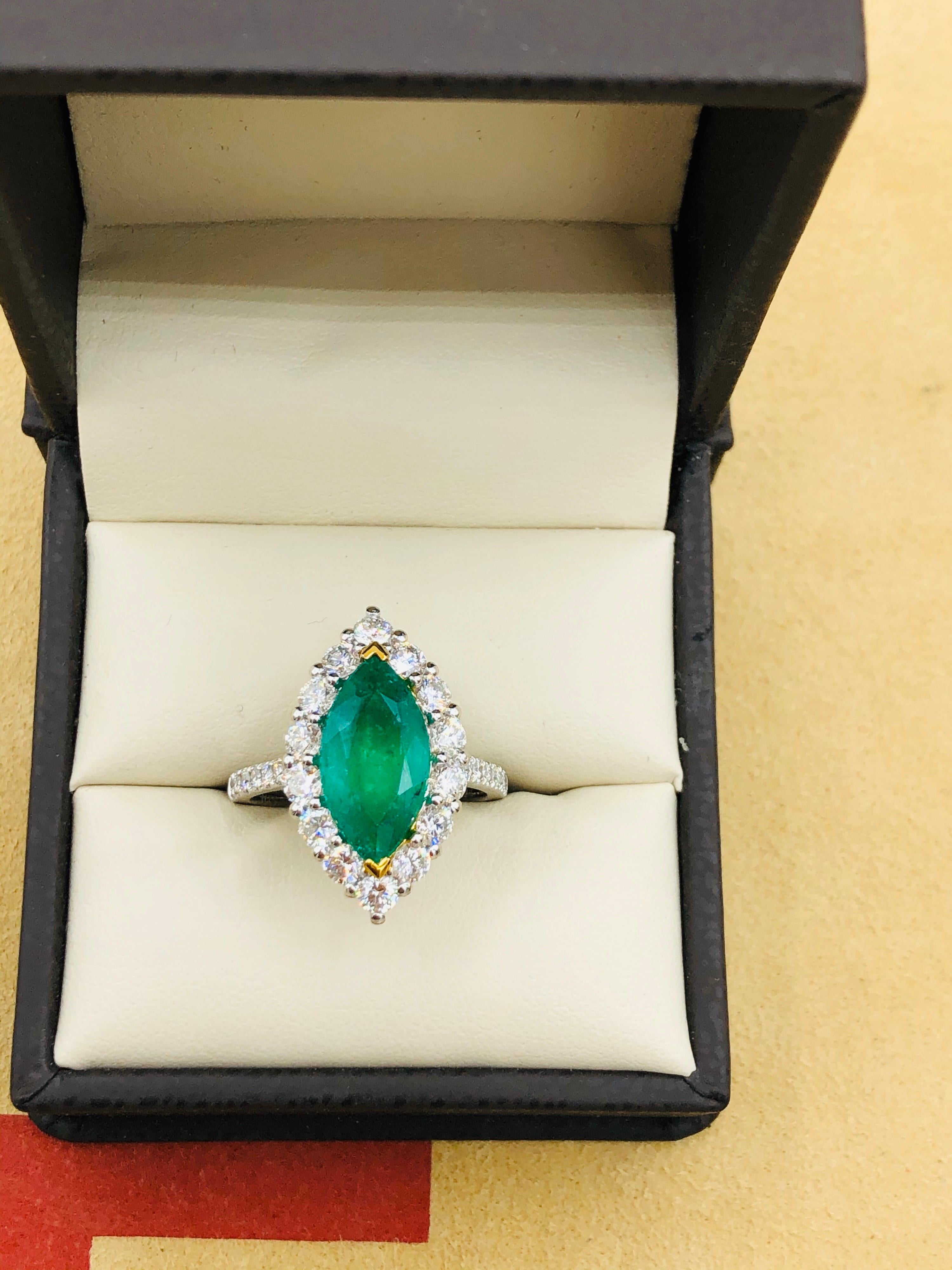 Emilio Jewelry Marquise Colombian Emerald Diamond Ring In New Condition In New York, NY