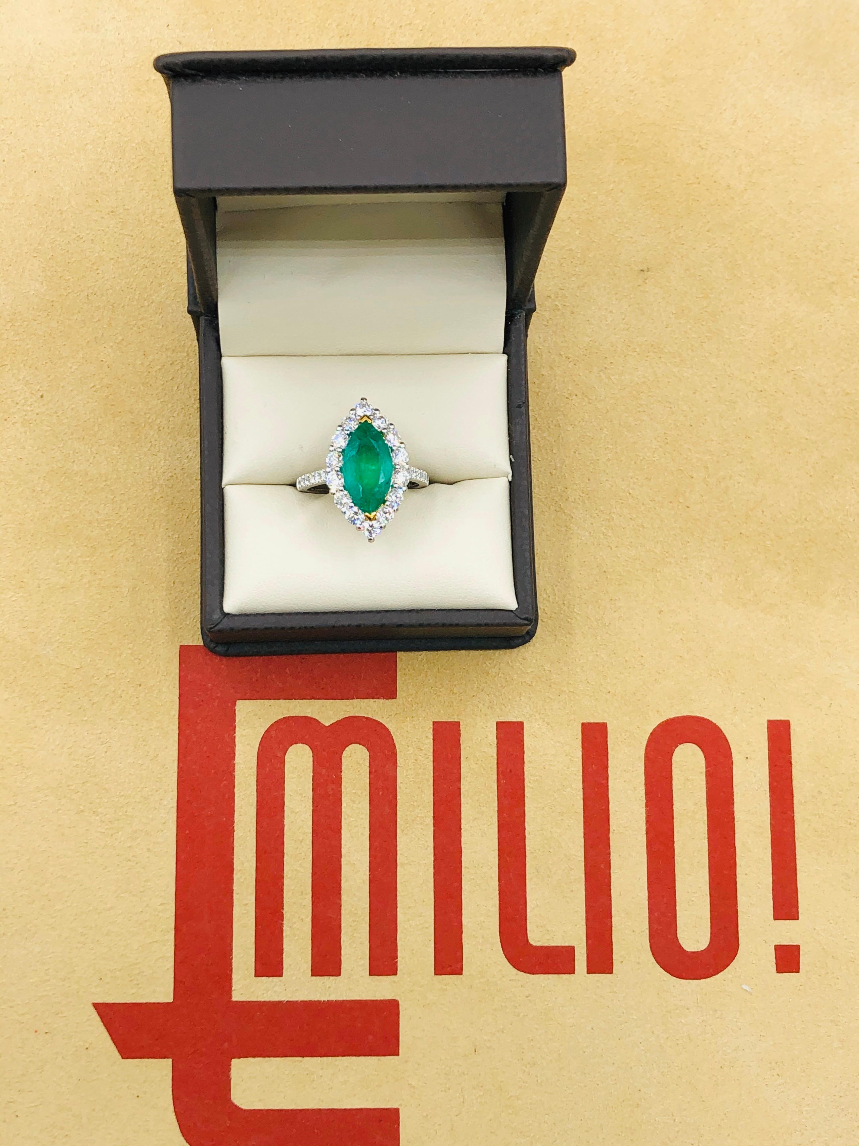 Women's or Men's Emilio Jewelry Marquise Colombian Emerald Diamond Ring