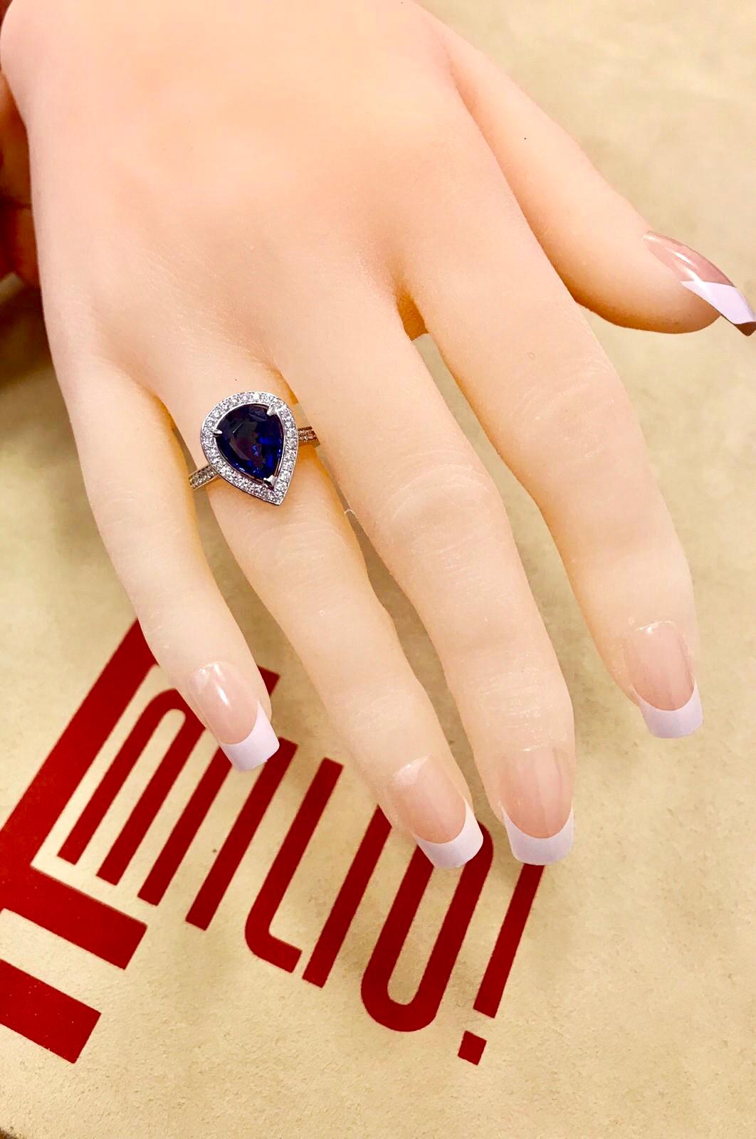 Emilio Jewelry Pear Shape Certified Sapphire Diamond Ring 3