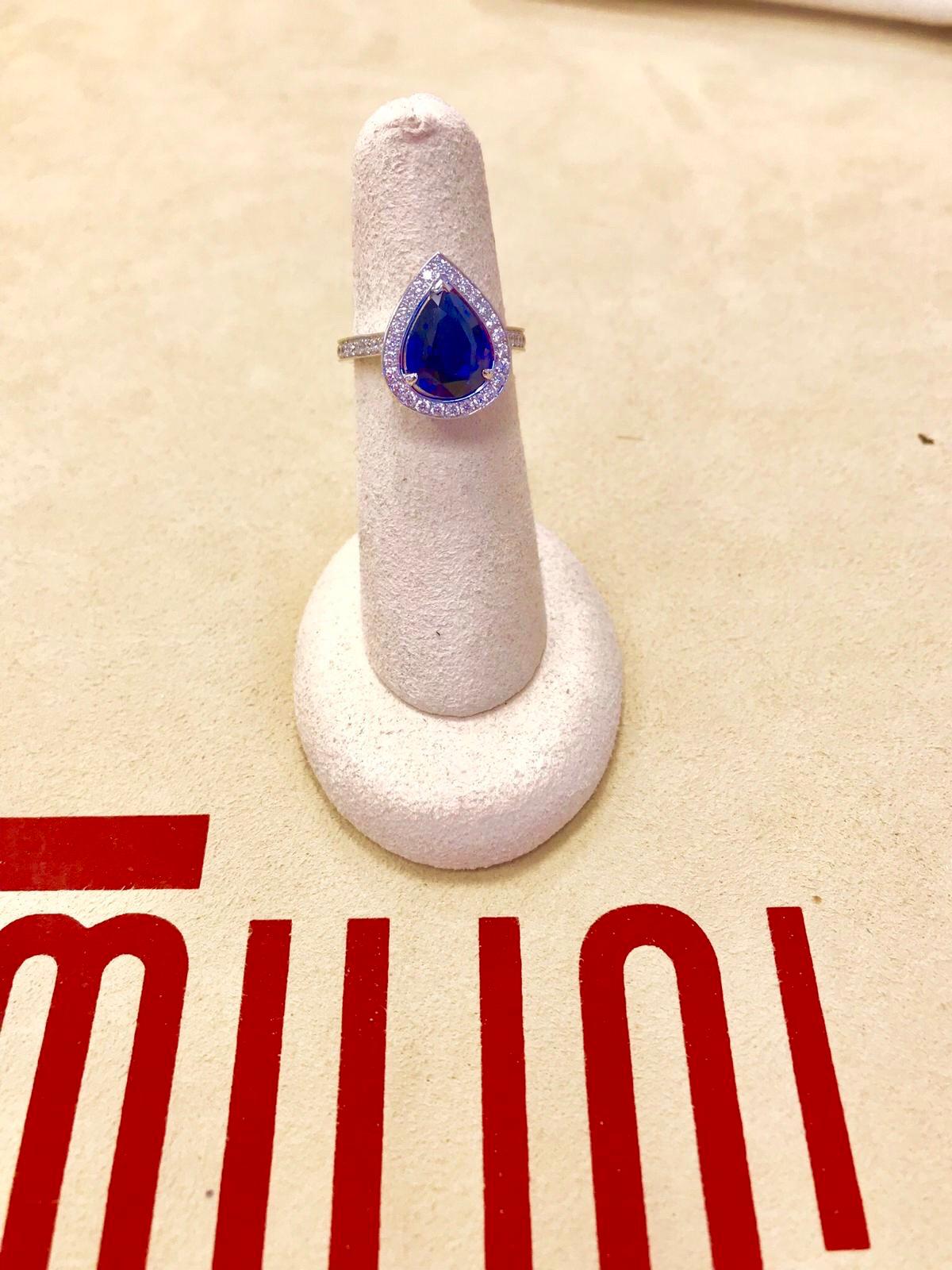 Emilio Jewelry Pear Shape Certified Sapphire Diamond Ring 4