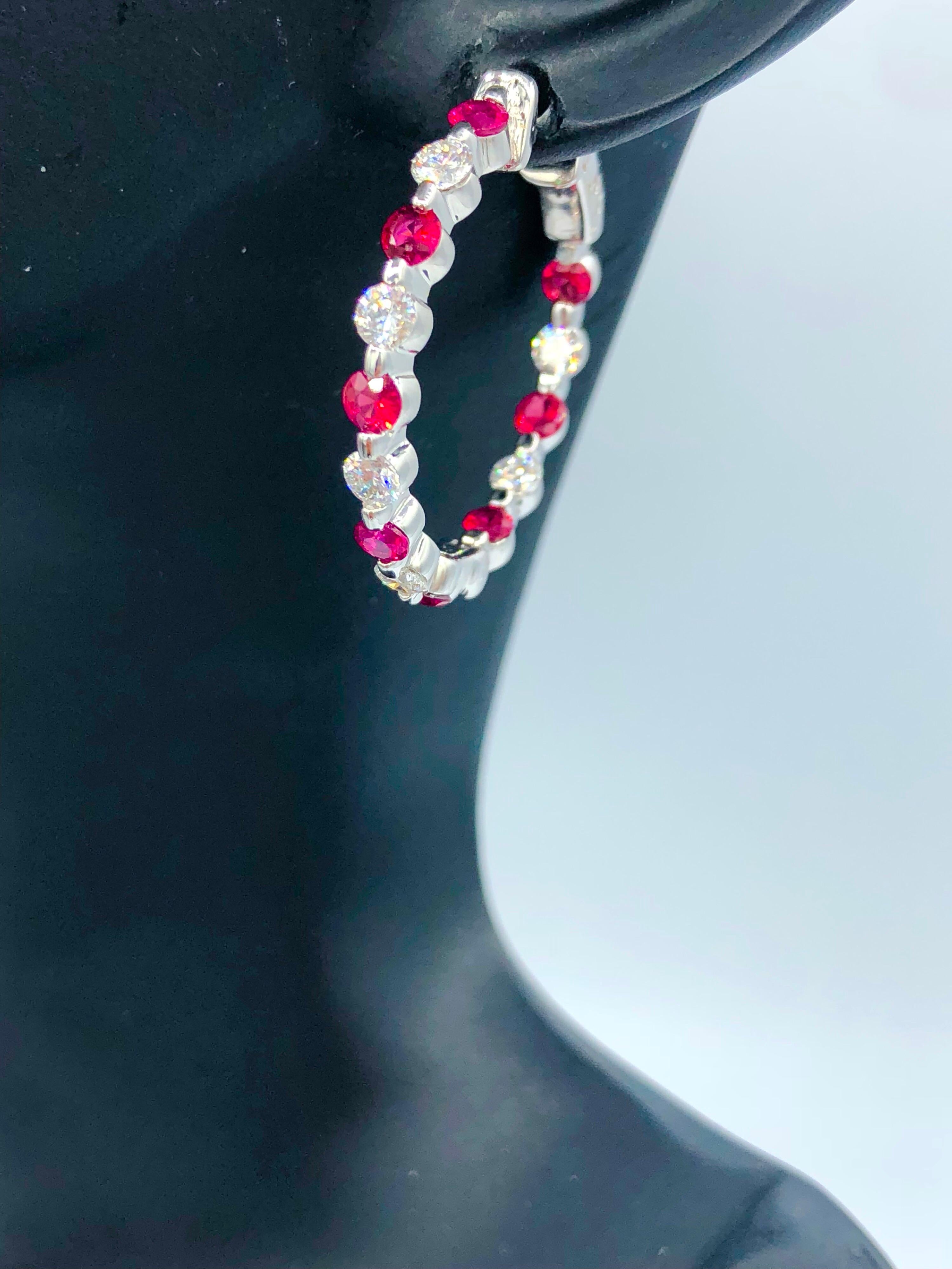 Women's Emilio Jewelry Ruby Diamond Hoop Earrings For Sale