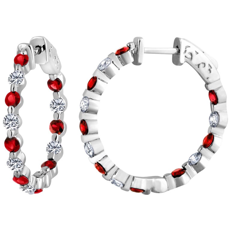 Emilio Jewelry Ruby Diamond Hoop Earrings For Sale at 1stdibs