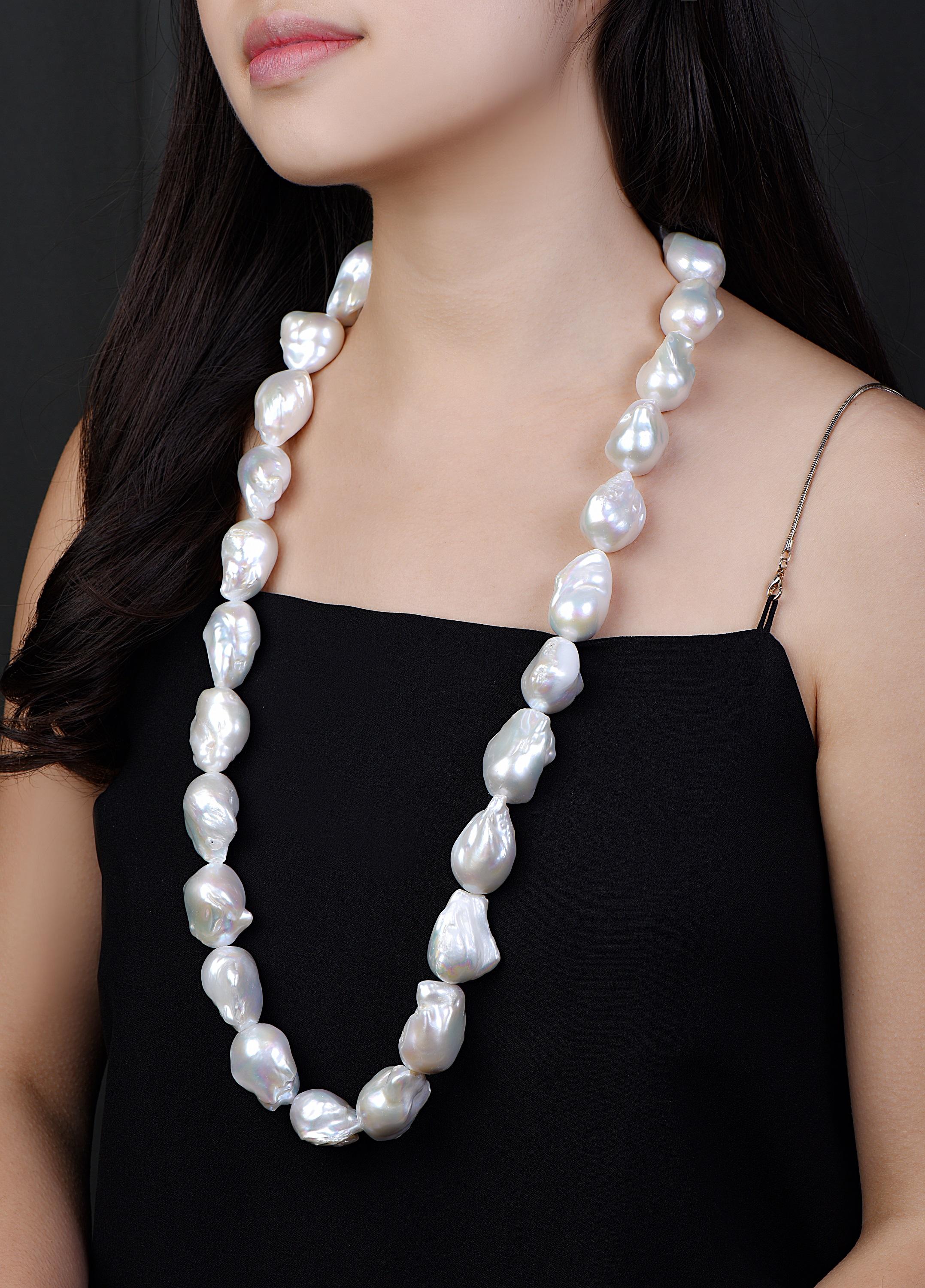 This large sized strand of pearls with sizes from 16-19mm at the clasp to a center front pearl. All pearls are semi baroque in shape and very evenly matched in their luster, and unique organic shapes. The pearls come from the pearl producing area of
