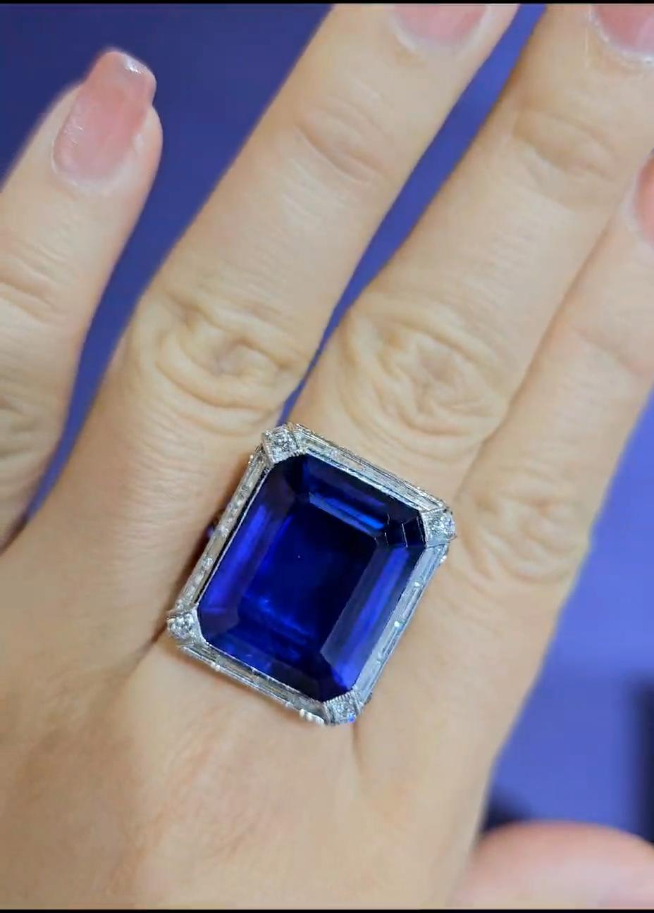 Emerald Cut Emilio Jewelry SSEF Certified 20 Carat Royal Blue No Heat Burma Sapphire Ring For Sale