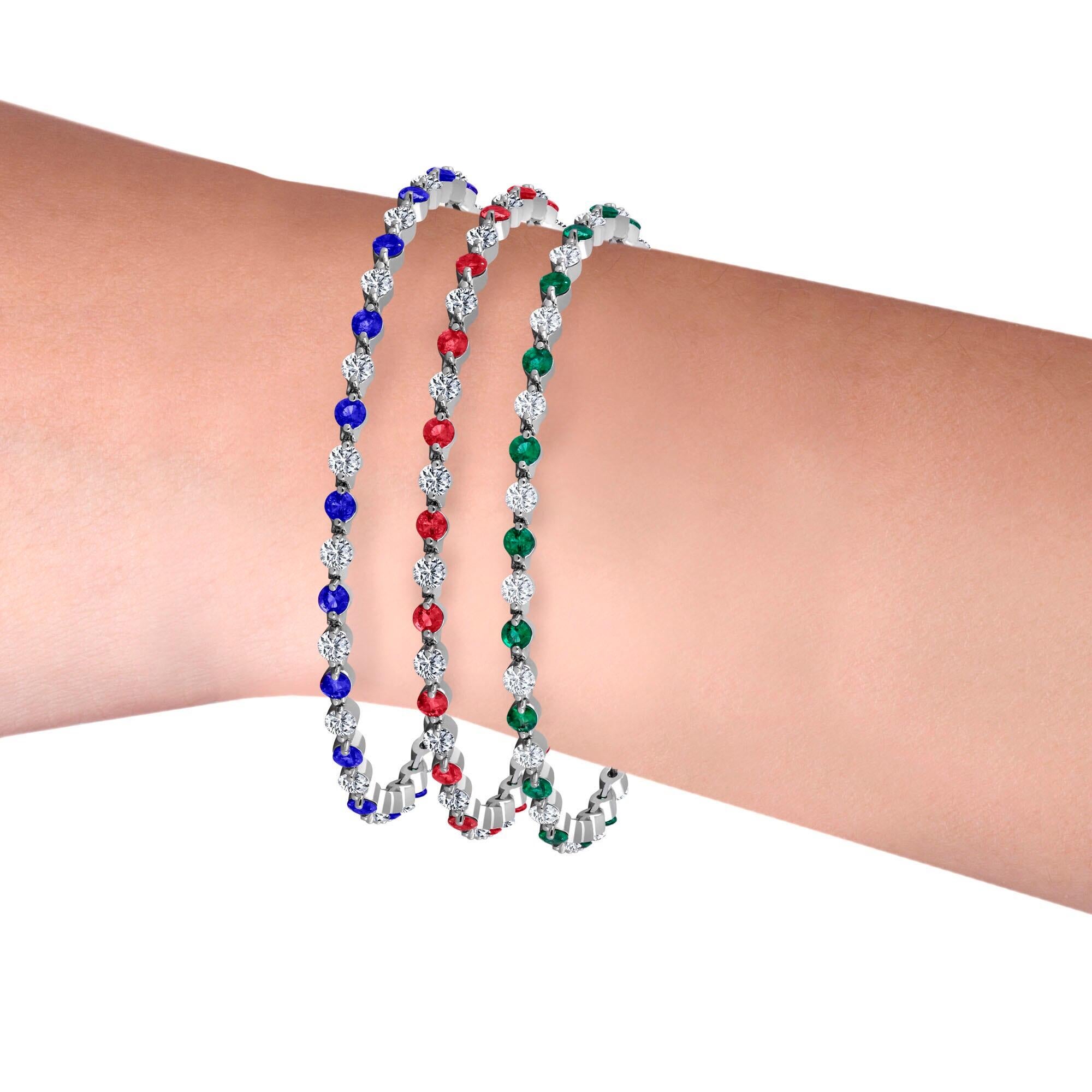 Call our direct line 6468461904
The price listed is for all 3 bracelets together!Gorgeous Emeralds and Diamonds, blood red rubies, and rich sky blue sapphires and diamond bracelets stack and are endless! The lock is invisible and encrusted with