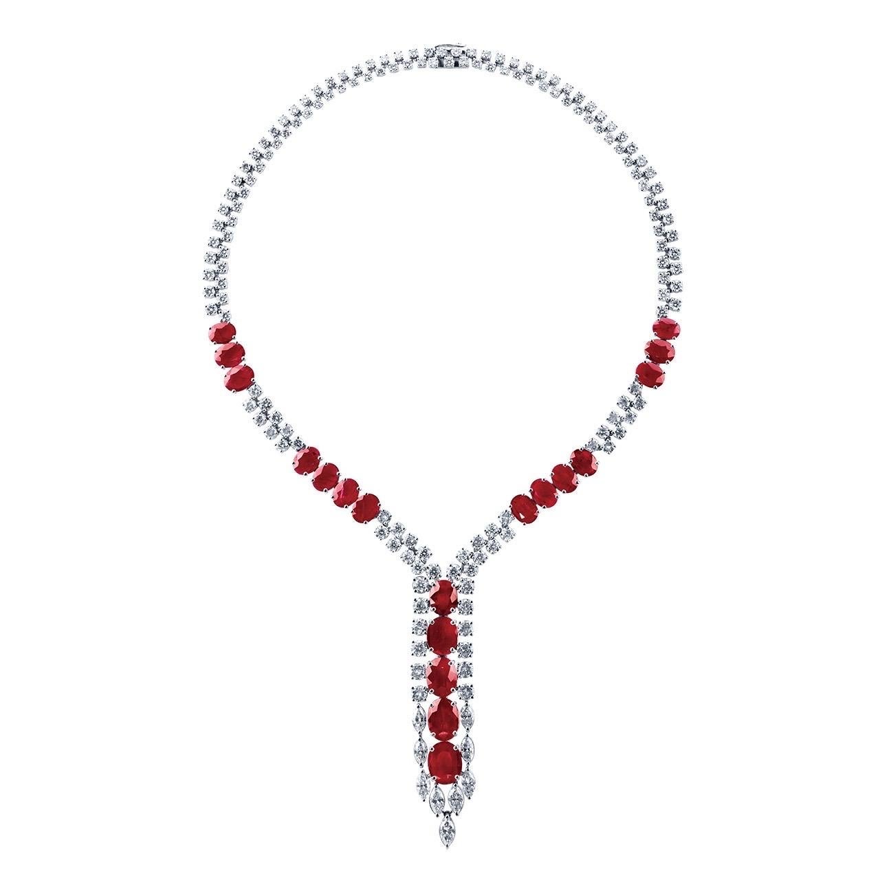 A selection of perfectly matched Mozambique rubies, all untreated and carefully selected to create this stunning investment necklace. 
Setting: white diamonds totaling approximately 22.22 carats, rubies totaling approximately 30.49 carats
From