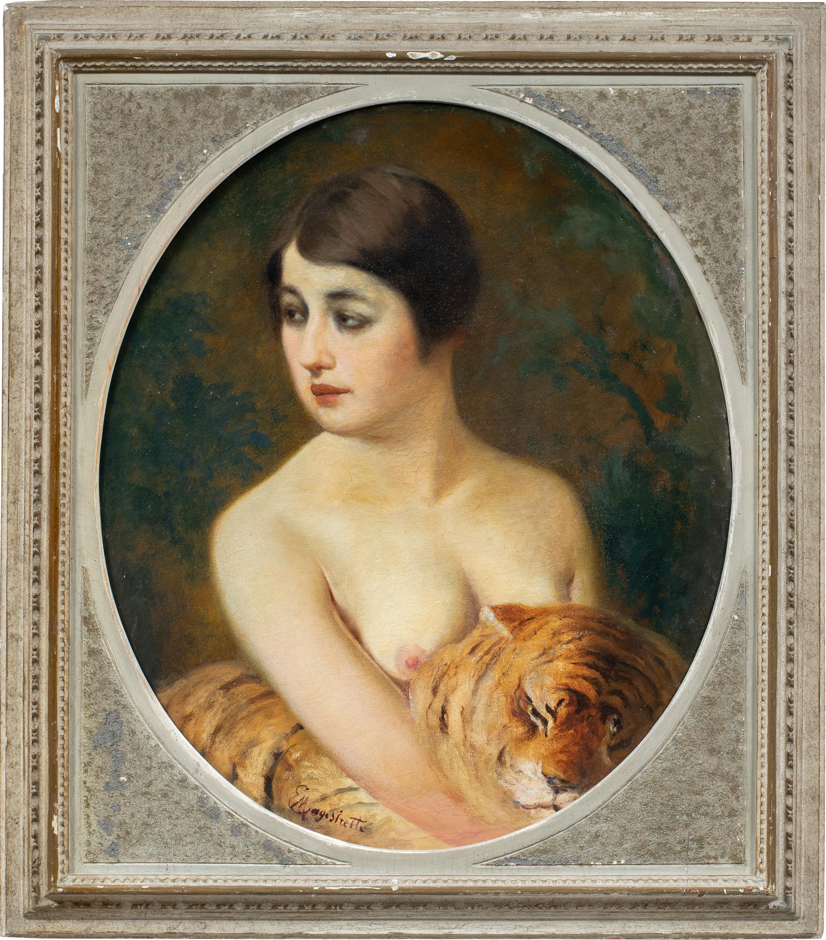 Emilio Magistretti (Milán 1851 - Milán 1936) - Niña con tigre.

67 x 56 cm sin marco, 83 x 72 cm con marco.

Cuadro antiguo al óleo sobre lienzo, en un marco contemporáneo de madera tallada y lacada.

- Obra firmada abajo a la izquierda: "E.